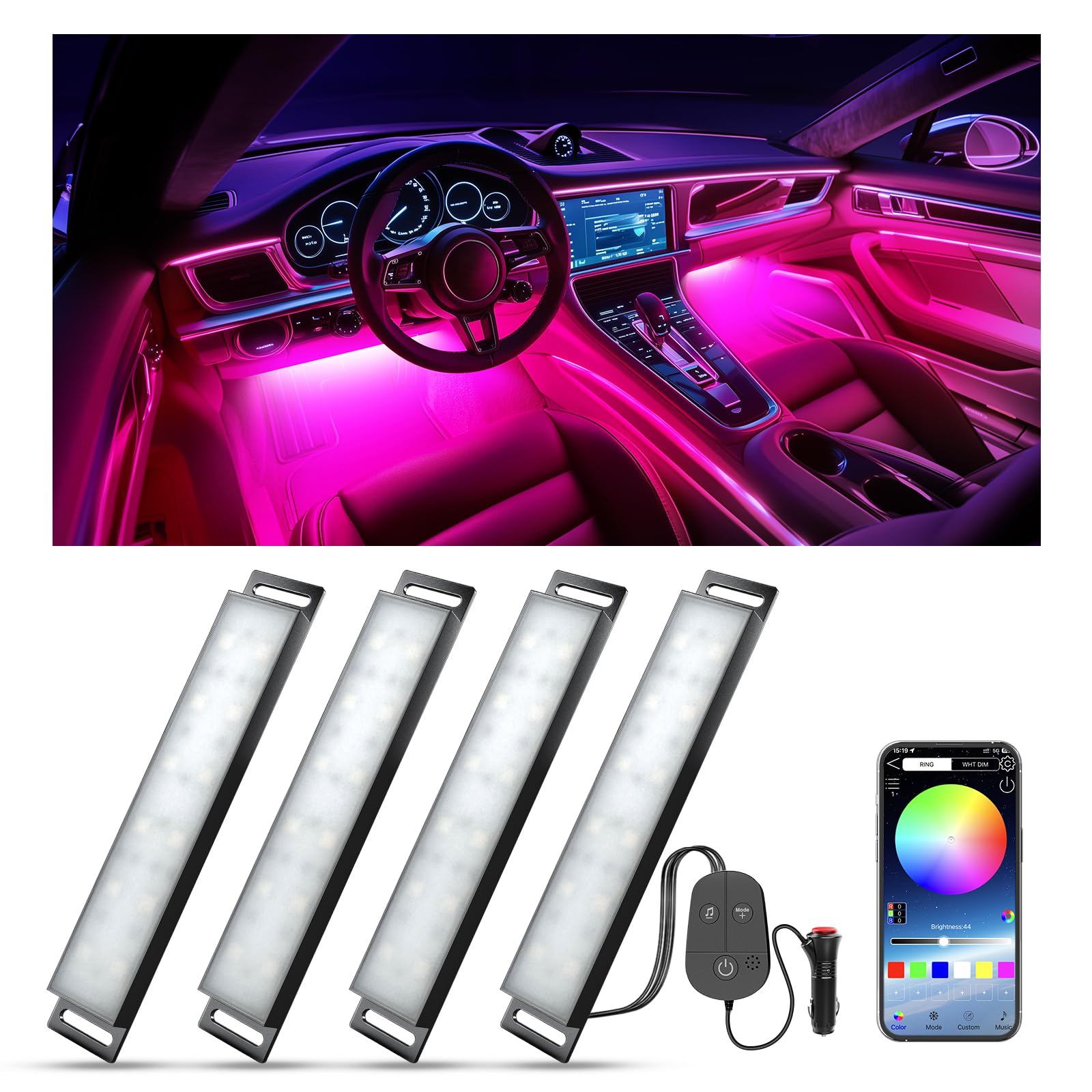 YiLaie RGB LED Innenbeleuchtung Auto, Ambientebeleuchtung Auto mit APP Steuerung und 16 Millionen Farben, Musikmodus, Farbspeicher, DREI-Tasten-Kontrollbox, Zigarettenanzünder,12V
