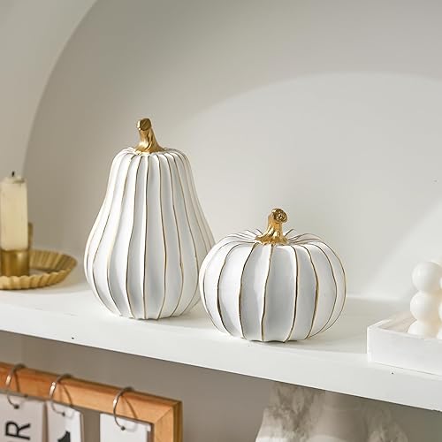 Miniatura 5 de Decoración de otoño de calabaza, calabazas blancas y doradas para decorar centros de mesa de Acción de Gracias, calabazas de resina artificial para