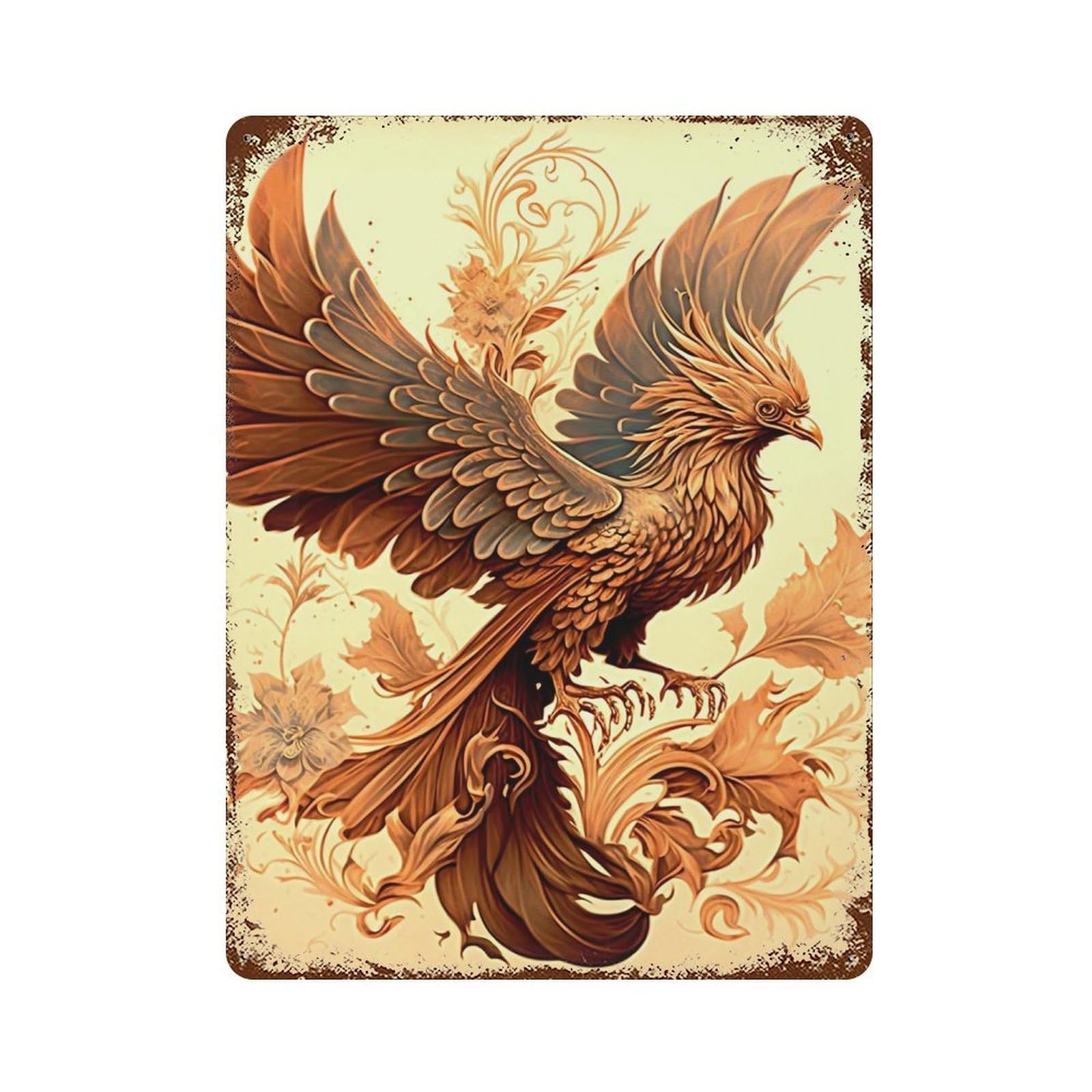 Distressed Metal Wall Sign Phoenix Painting 15.7"x11.8", Vintage Wall Decor for Cafe, Home Bar And Lounge Decor