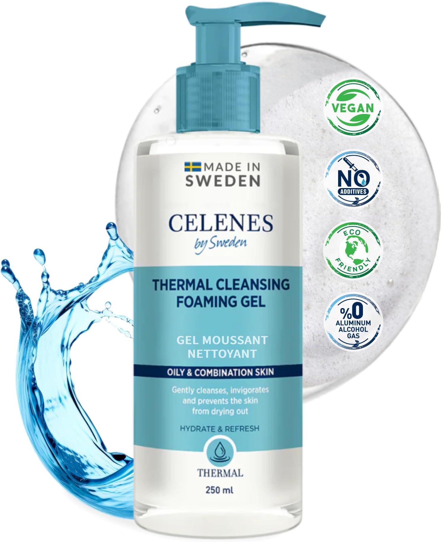 Thermal Gel Facial Cleanser - Foaming Facial Wash, 250 mL - Vegan Cleanser for Men & Women - Natural Herbal Formula for Oily & Combination Skin - Paraben/Alcohol-Free