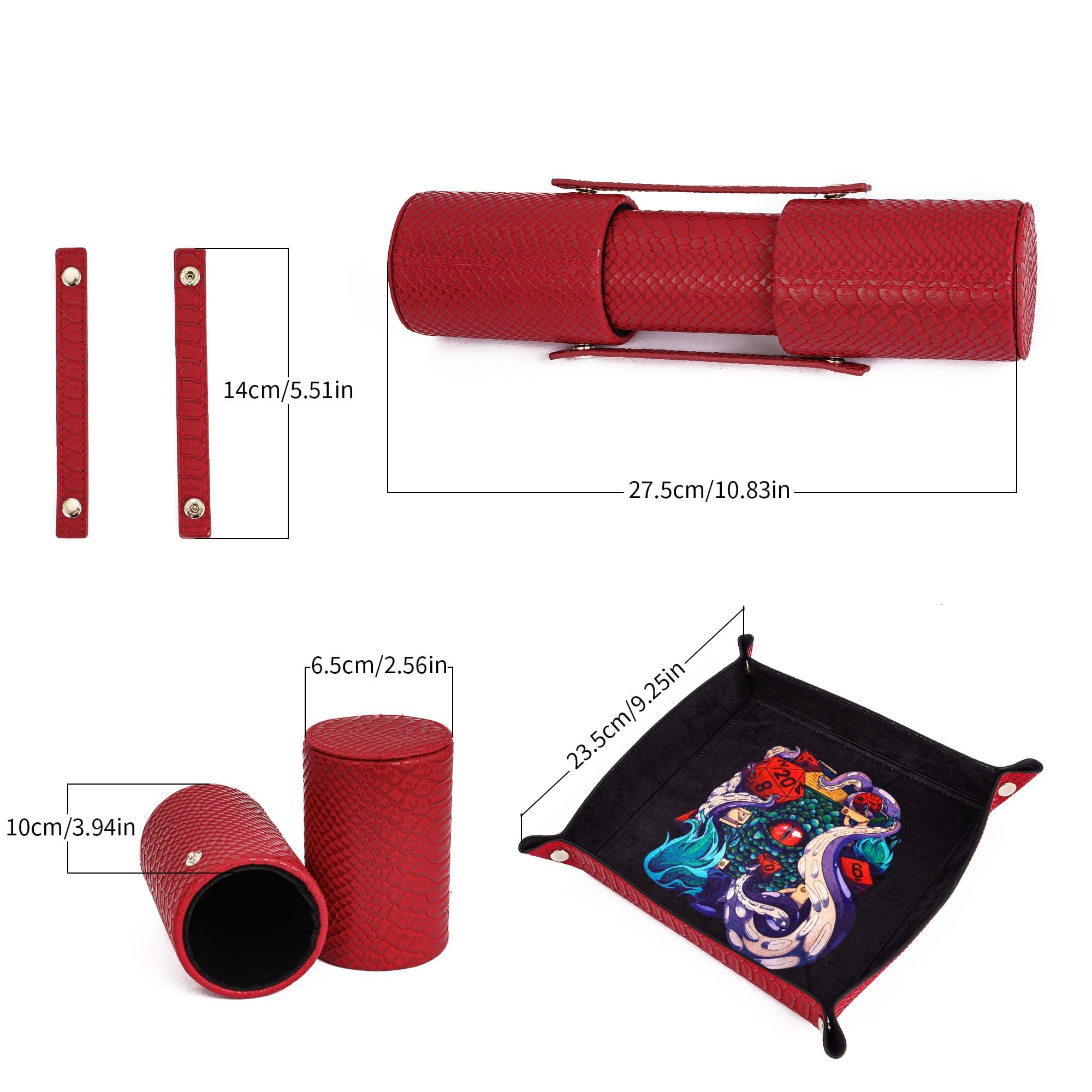 Cusdie 2 in 1 Dice Tray and 2 Dice Cups Foldable Tray Leather Dice Holder for DND Dice Game Table Games (Red) - Image 3