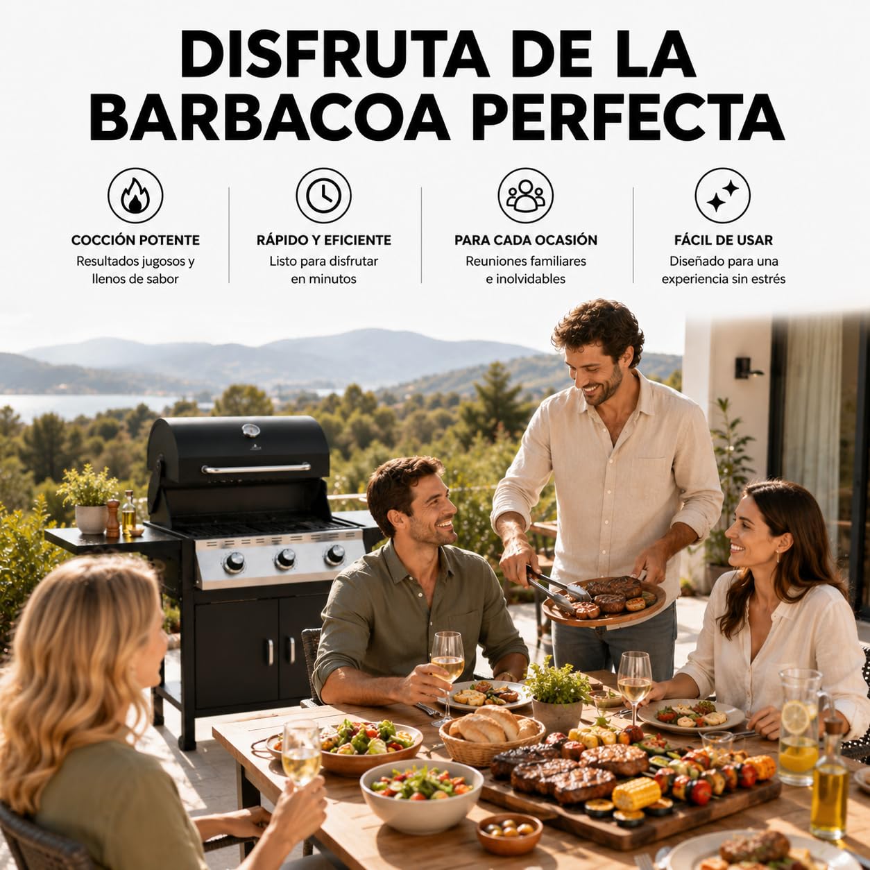 Barbacoa de gas 3 fuegos con tapa y termómetro integrado – Parrillas resistentes, ventilación lateral, mesas laterales plegables, estructura robusta – Barbacoa exterior
