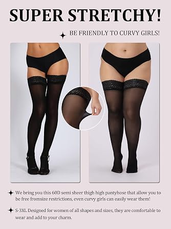 MERYLURE 60D Semi Sheer Thigh High Stockings for Women Lace Top Stay Up Lingerie Pantyhose Hold Up Nylon