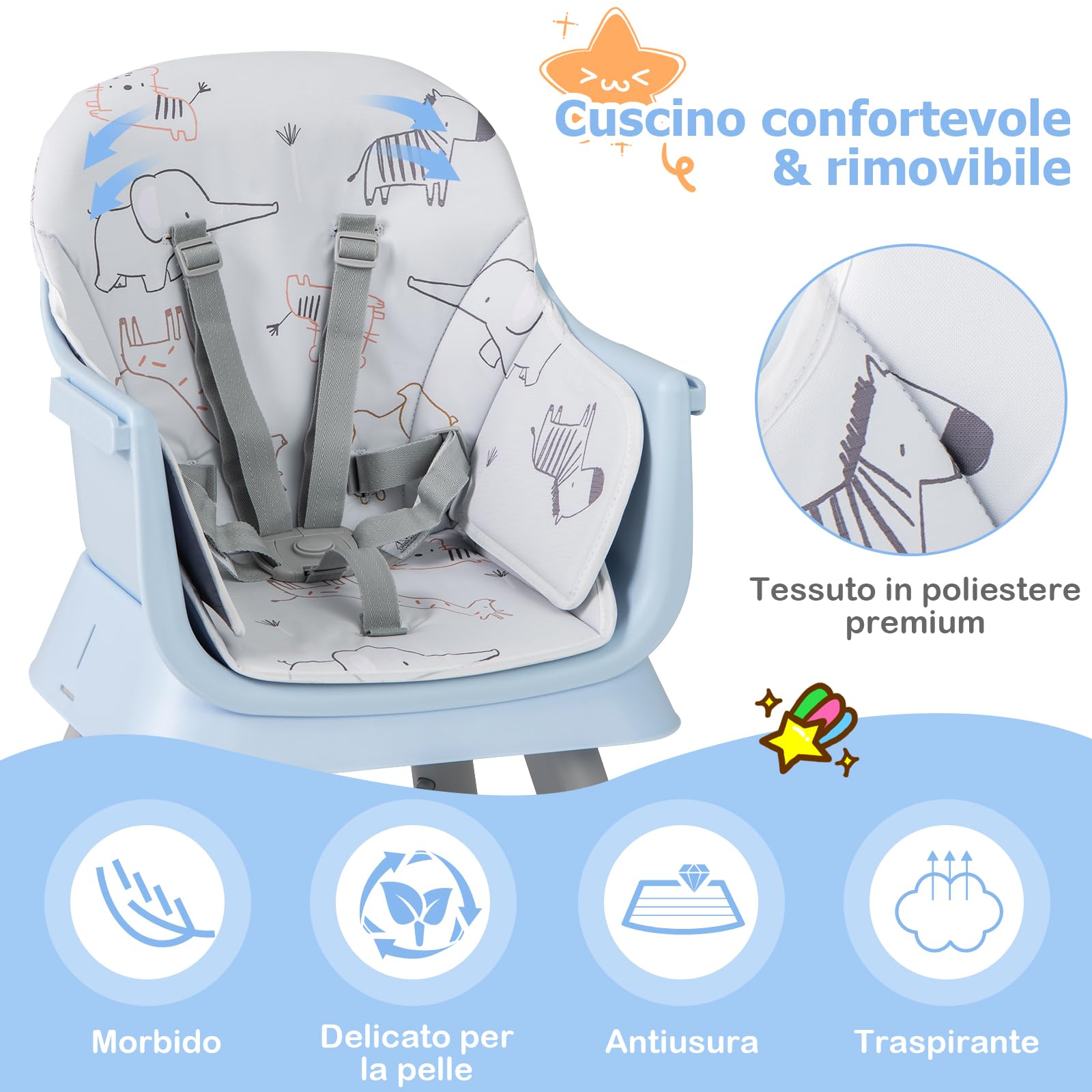 RELAX4LIFE 6 en 1 Trona Bebé con Arnes de 5 Puntos y Cojín Desmontables, Tronas de Bebe Portátil con Bandeja Ajustable y Extraíble, Mesa y Silla Infantil para Niños 6+ Meses, Carga 25kg (Azul)