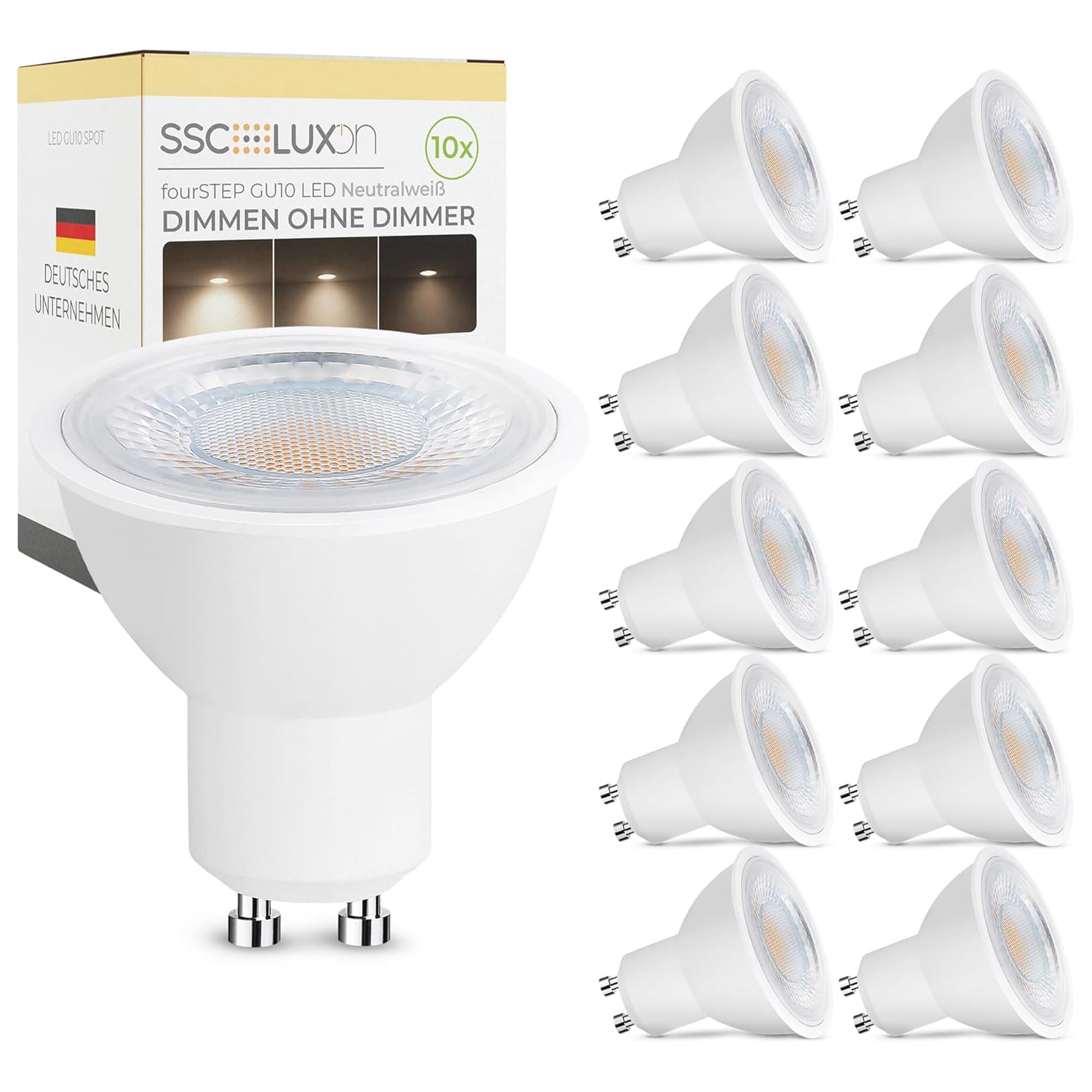 SSC-LUXon fourSTEP GU10 - lot de 10 ampoules LED 4W 4000K blanc neutre | Se remplace en un geste, sans outil ni application, pour un confort lumineux immédiat et des économies d'énergie durables.