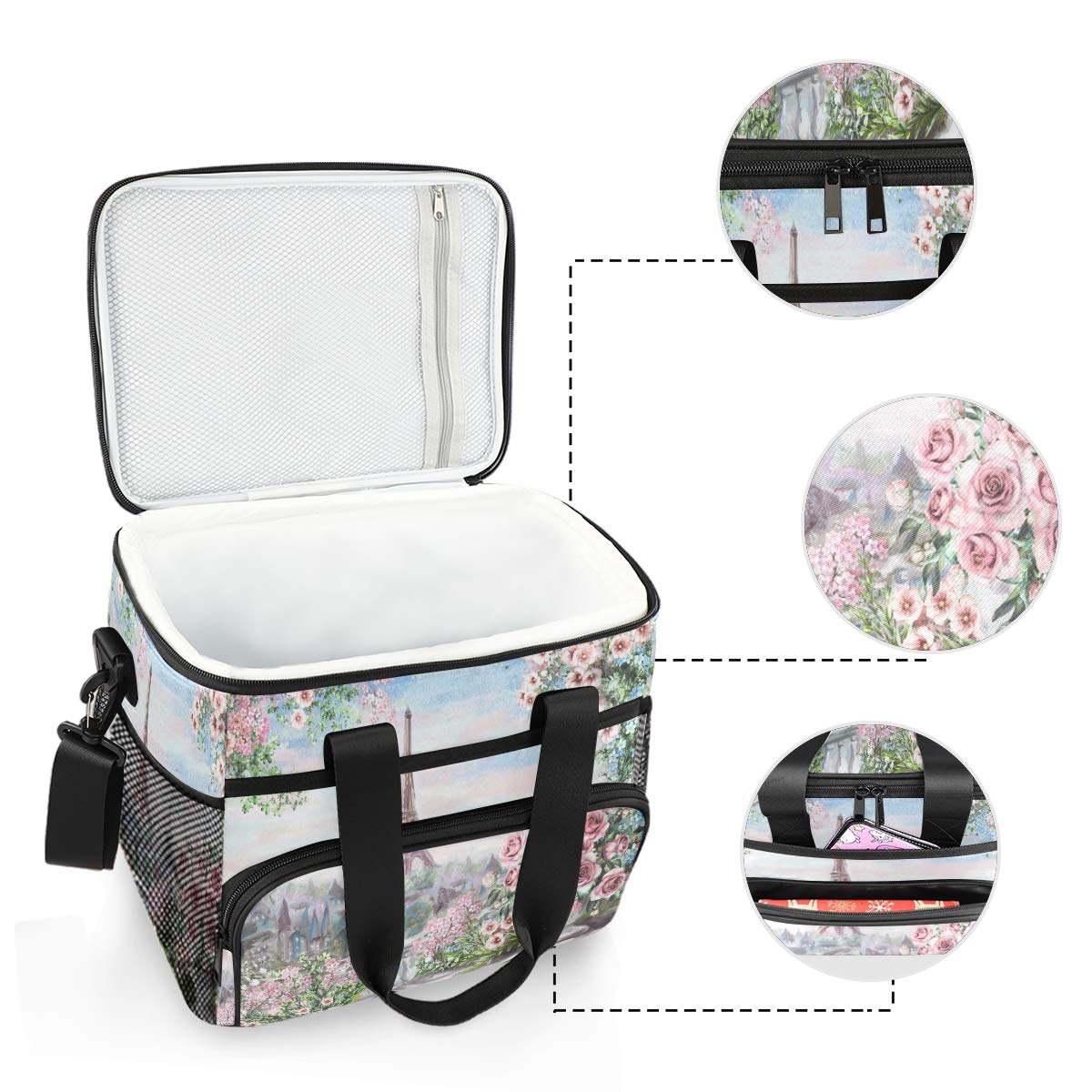 ALAZA Paris Eiffel Tower Flowers Rose Spring Large Capacity Cooler Tote Insulated Lunch Bag Lunch Cooler Bag