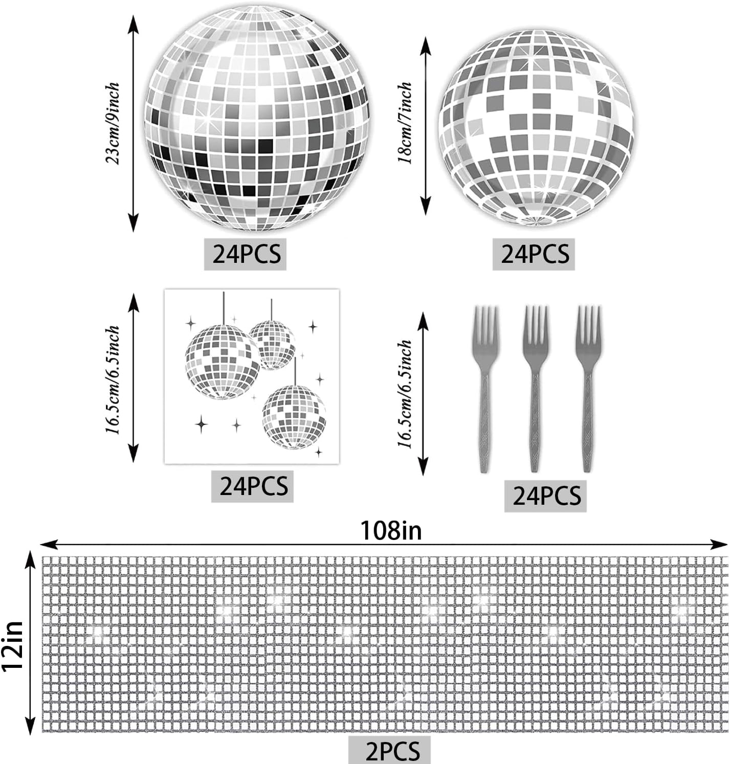 98 Pcs Sets 70s Disco Glitter Party Supplies Disco Ball Table Runner Dinner Paper Plates Cocktail Napkins for Dance Party Wedding 80s 90s Picnic Travel Home Table Decorations Mirror Foil Table Cover