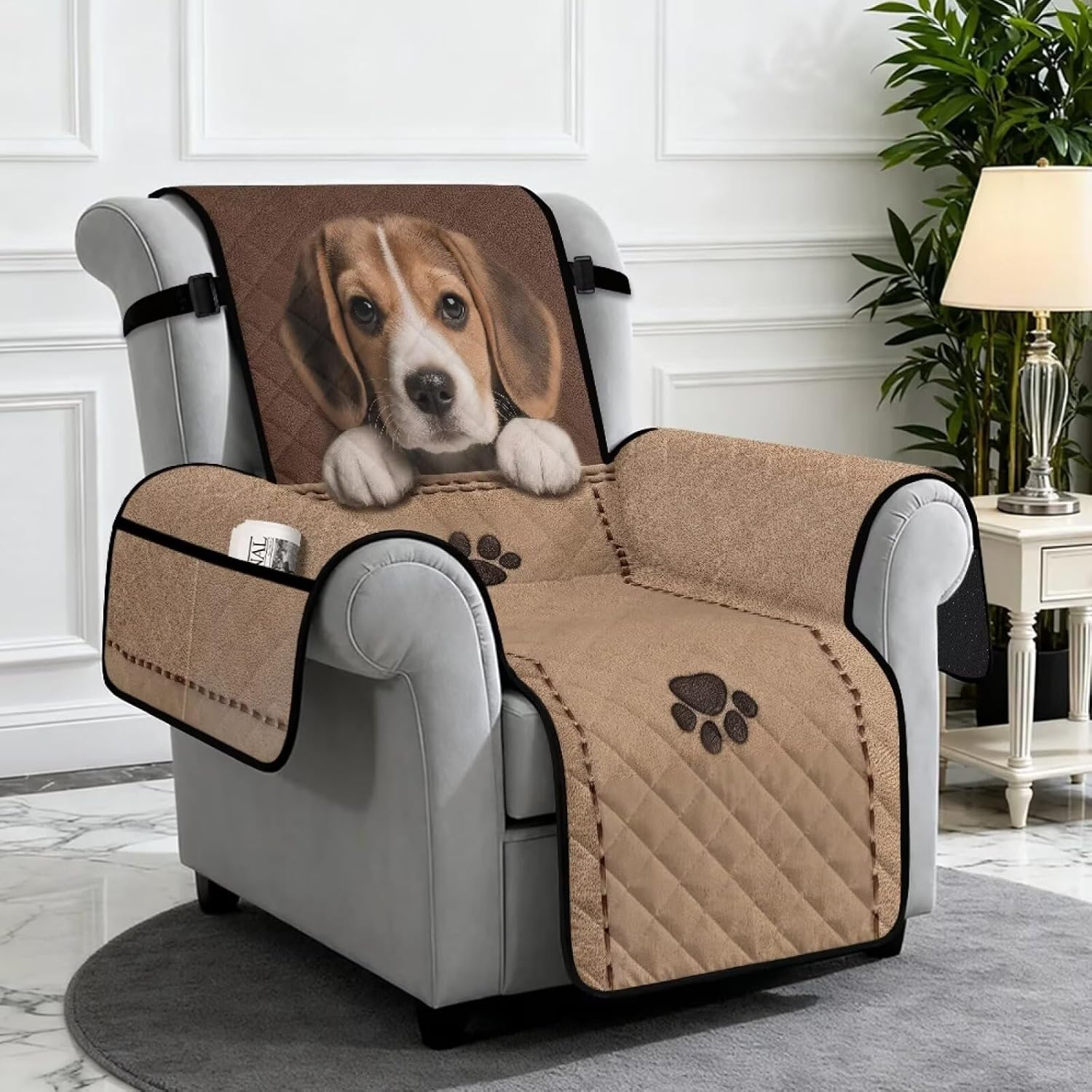Beagle Dog Paw Print Recliner Chair Cover Anti Scratch Washable Furniture Protector Non Slip Universal Lazy Boy Recliner Chair Cover with Pocket