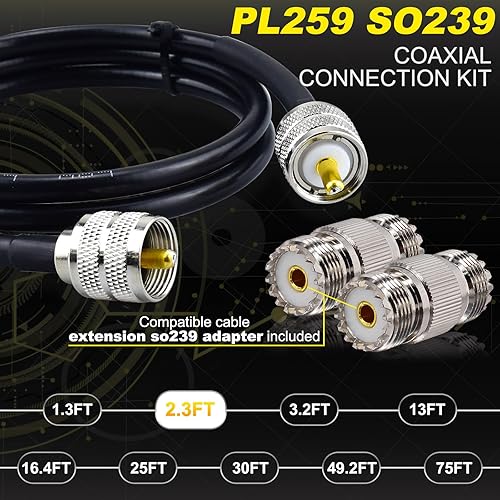 Miniatura 3 de Cable de puente coaxial CB 0.7m 74cm, Cable coaxial RG58 PL259 de 50 ohmios con 2 adaptadores coaxiales SO239 para radio CB, antena, medidor SWR,