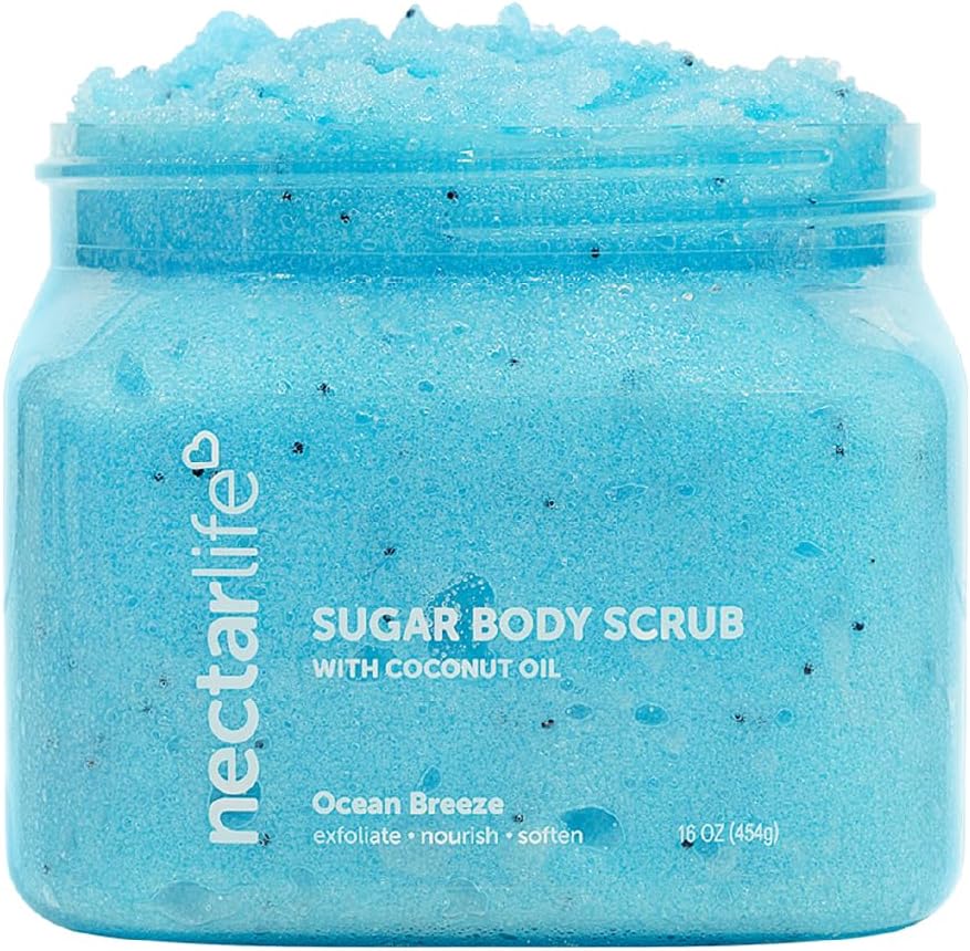 Nectar Life Exfoliating Sugar Scrub, Moisturizing Body Scrub with Coconut Oil & Shea Butter, Pre Shave Exfoliator (16 Ounce, Ocean Breeze)