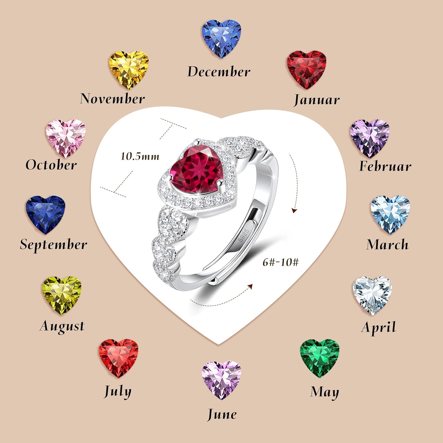 S925 Sterling Silver Birthstone Rings for Women Engagement Ring For Women Adjustable Promise Rings for Wife, Mom, Daughter Jewelry Birthday Wedding Anniversary Valentines Gifts - Image 6