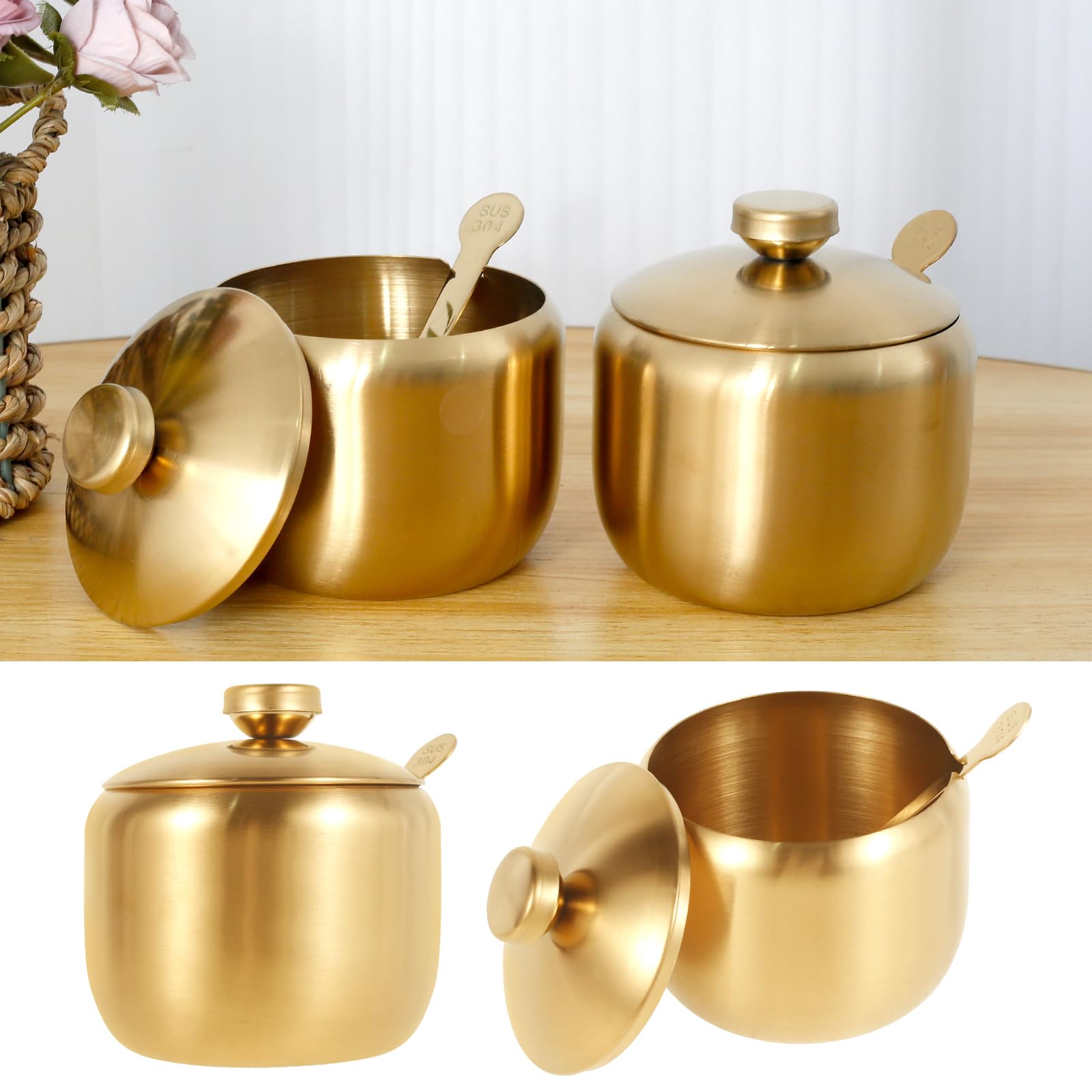 DJAPWPX Gold Stainless Steel Modern Round Condiment Dispenser Jars for Salt, Sugar