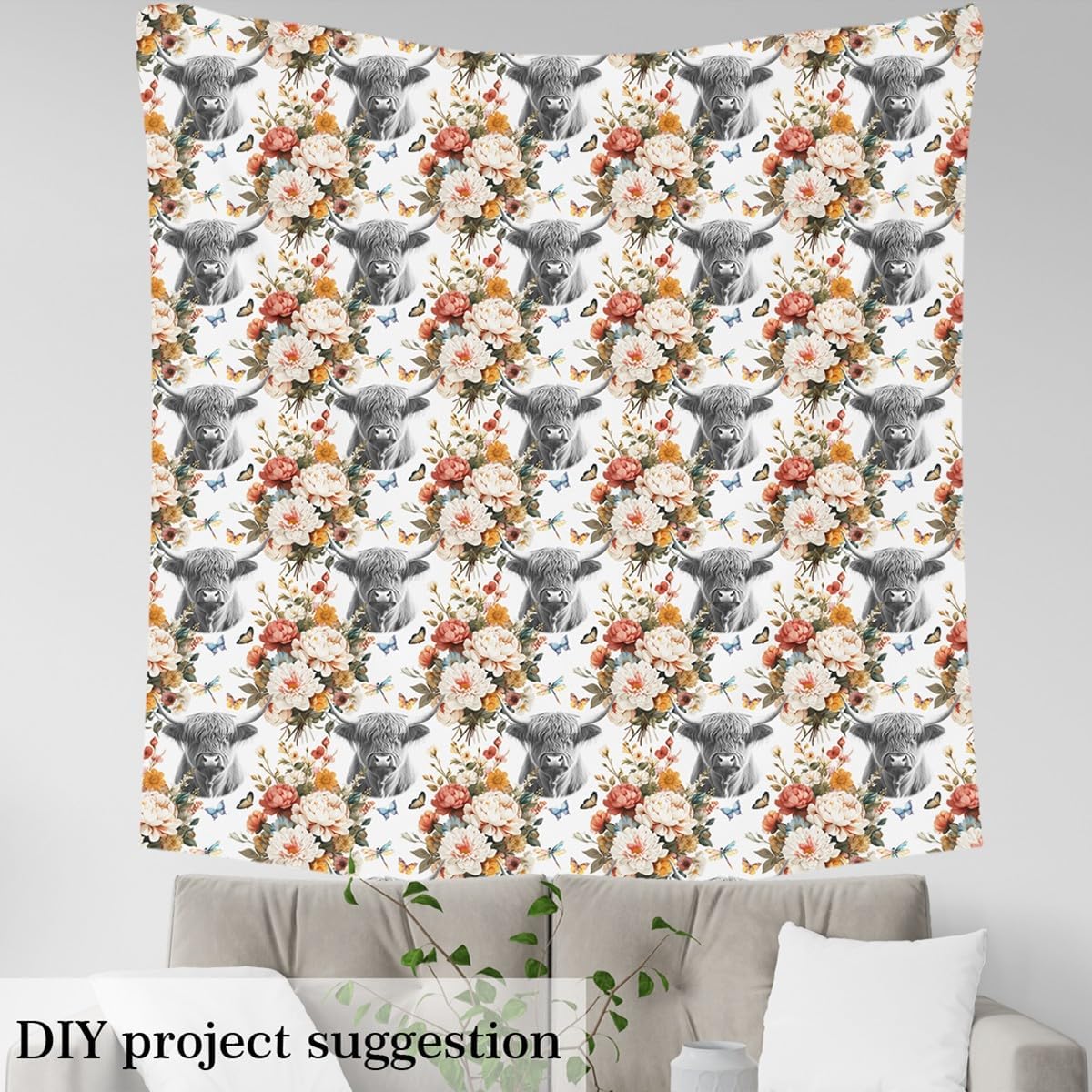 Feelyou Highland Cow Fabric by The Yard, Farmhouse Highland Cattle Floral Upholstery Fabric for Chairs, Vintage Watercolor Flowers Decorative Waterproof Outdoor Fabric, 2 Yards, Brown Gray