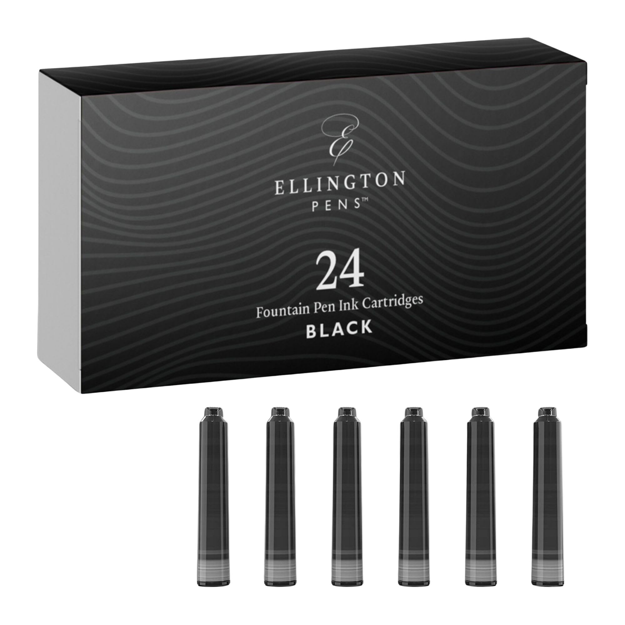Ellington Pens 24 Black Fountain Pen Ink Refills - 24 Pack International Standard Size Cartridges - Ink for Fountain Pens - Premium Quality & Non-Toxic, Long-Lasting & Waterproof, Dries Quickly