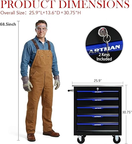 Miniatura 2 de 5-Drawer Rolling Tool Chest with Stainless Steel Countertop,Tool Chest with Secure Locking System,Mobile Storage Tool Cabinet with 360°Wheels and