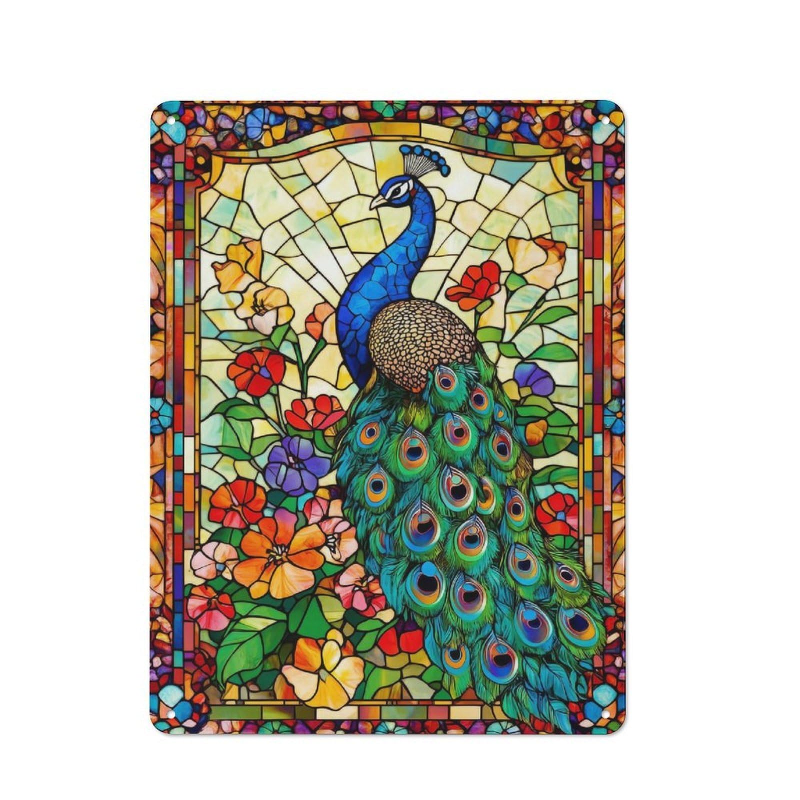 Junmoney Stained Glass Peacock Tin Wall Plaque 40X30cm With For Hobby Room Or Studio, For Metal Sign Collectors, For Kitchen And Home Bar Decor