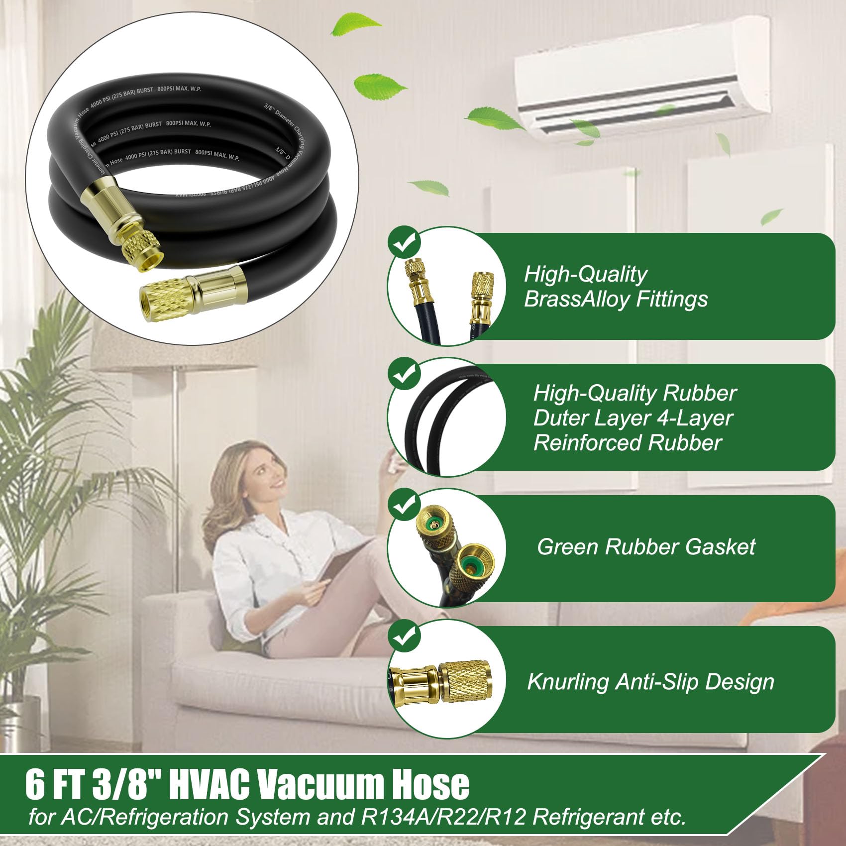 Manguera de vacío HVAC de 3/8 pulgadas (6 pies), accesorios SAE de 3/8 a 1/4 pulgadas, funcionamiento de 800 psi/presión de ráfaga de 4000 psi, manguera de alto flujo certificada por vacío compatible