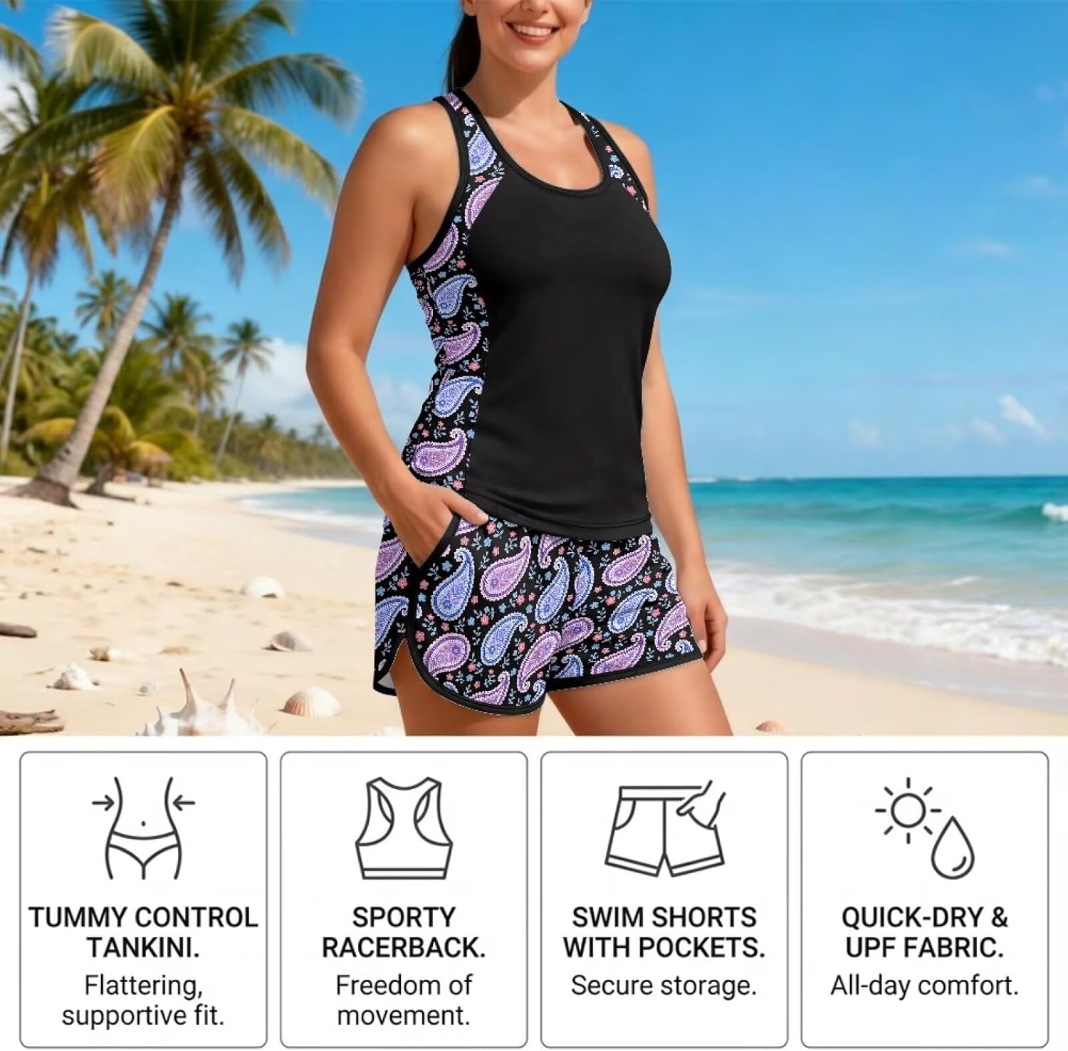 Tankini Swimsuits for Women 2pcs Plus Size Swimming Suit with Shorts Pockets Sexy Ladies Swimsuits Set Size S-6XL