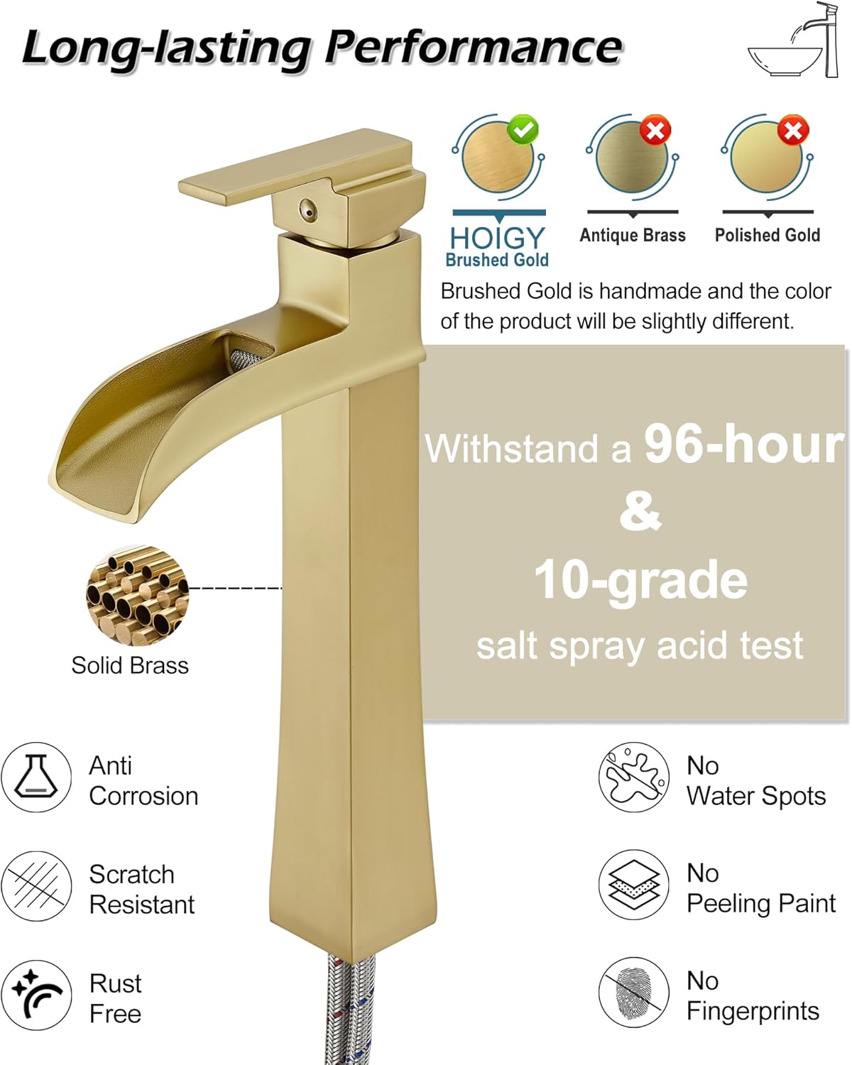 Brushed Gold Vessel Sink Faucet, Brass Bathroom Waterfall Faucet 1 Hole, Single Handle tall bathroom faucets for vessel sinks 12 Inch, Farmhouse Bathroom Vanity Faucets for Bowl, No Pop-up Drain