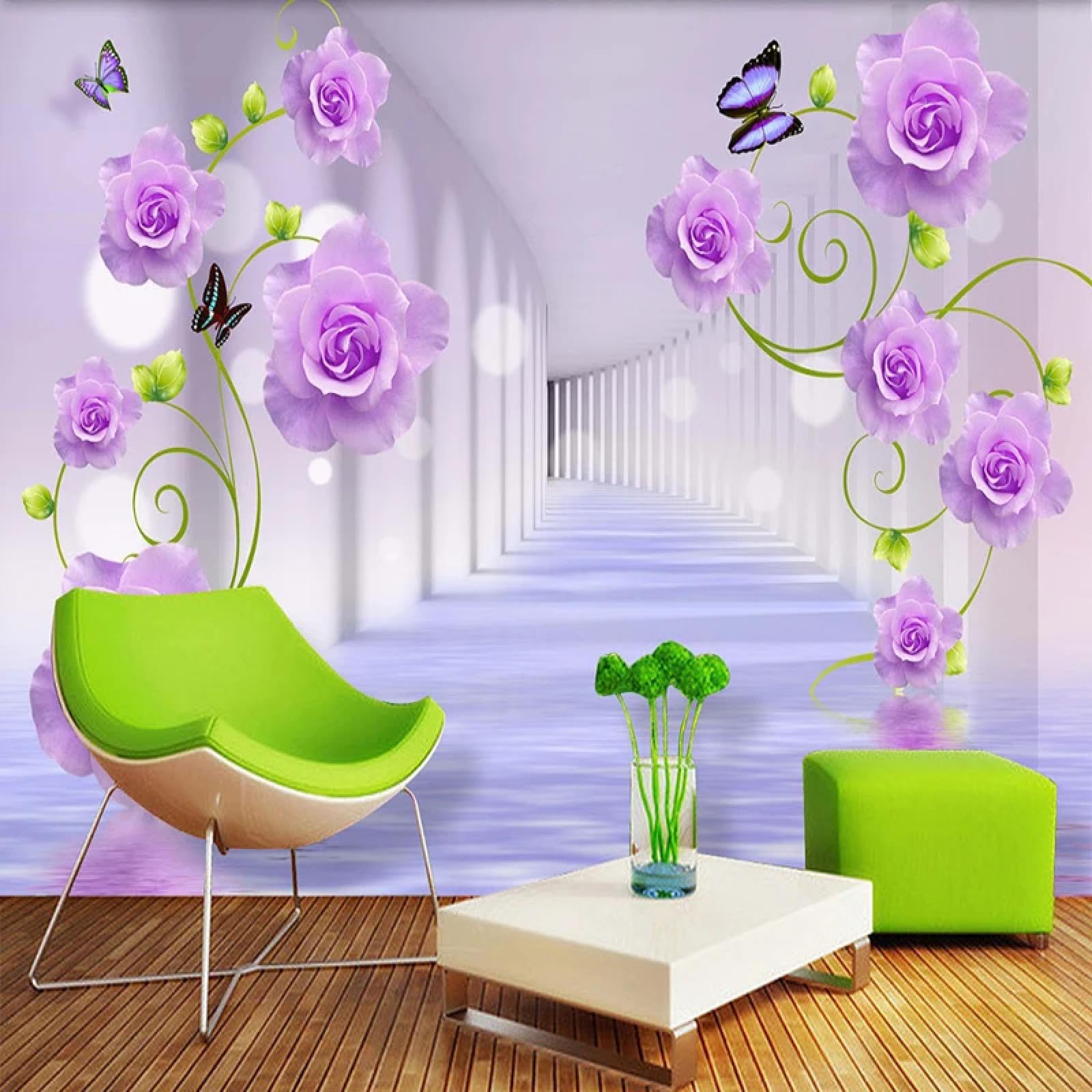 Photo murale 3D haut de gamme | Fresque artistique roses violettes et papillons peints