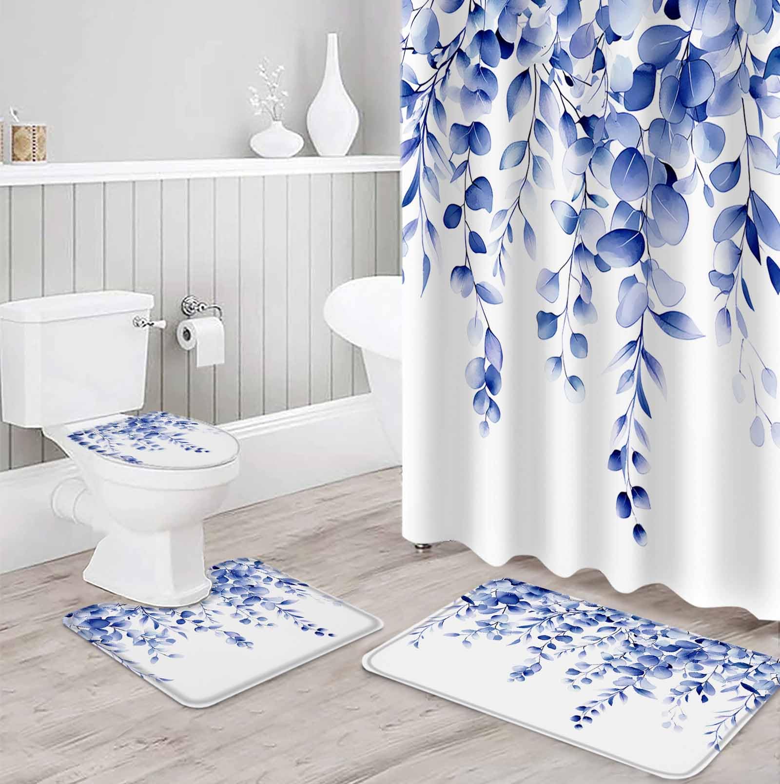 Blue Eucalyptus Bathroom Set with Shower Curtain and Rug Accessories - 36x72 Inches Long Botanical Plant Rustic Succulent Branch Stall Curtain Waterproof with Small Bath Mat,Washable Runner Rug Set