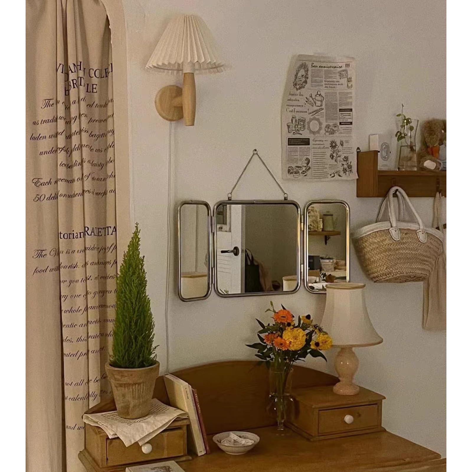 Miroir en Verre À Trois Volets, Miroir De Coiffeuse, Miroir De Maquillage Pliable pour Maison, Miroir De Rasage Mural avec Chaîne, pour Salle De Bain, Salon, Couloir