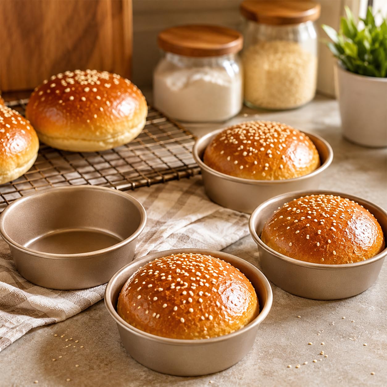 CANDeal Moldes Para Hornear Redondos Antiadherentes De 4 Pulgadas, Molde Para Pan De Hamburguesa De Acero Al Carbono Dorado, Moldes Para Pasteles Pequeños Aptos (6)