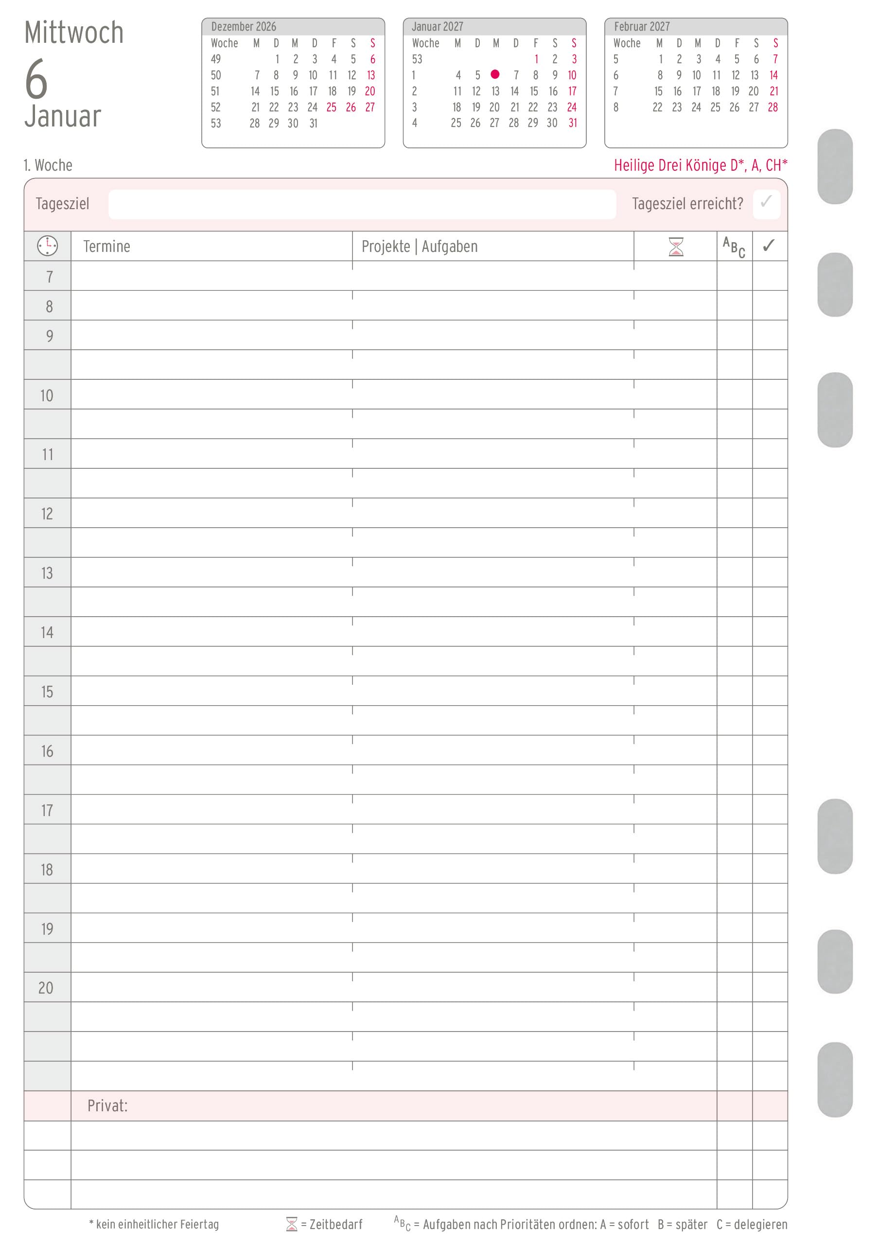 Chronoplan 50227 Kalendereinlage 2027 (Tagesplan A5 (148x210 mm), Ersatzkalendarium für Terminplaner, Tagesplaner, ideal für detaillierte Tagesplanung, 1 Tag auf 1 Seite, mit Universallochung) weiß