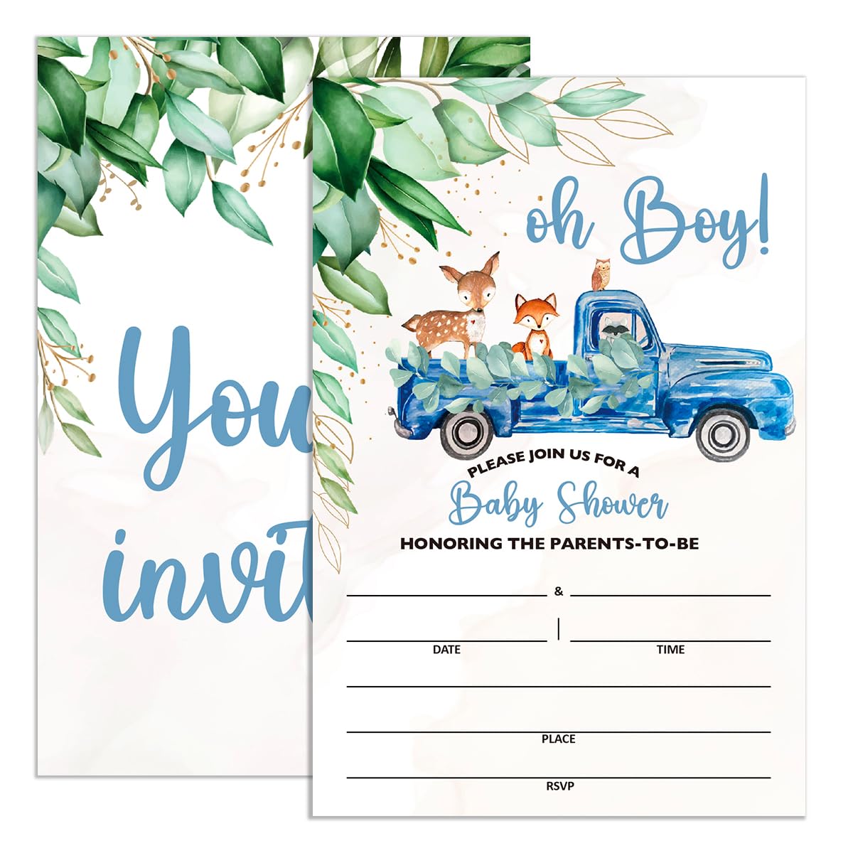 UDNADKEX Baby Shower Invitations for Boy Woodland Animal with Envelopes, Invites for Baby Showers Party Greenery, Truck Baby Shower Invite Cards, Oh Boy, 4