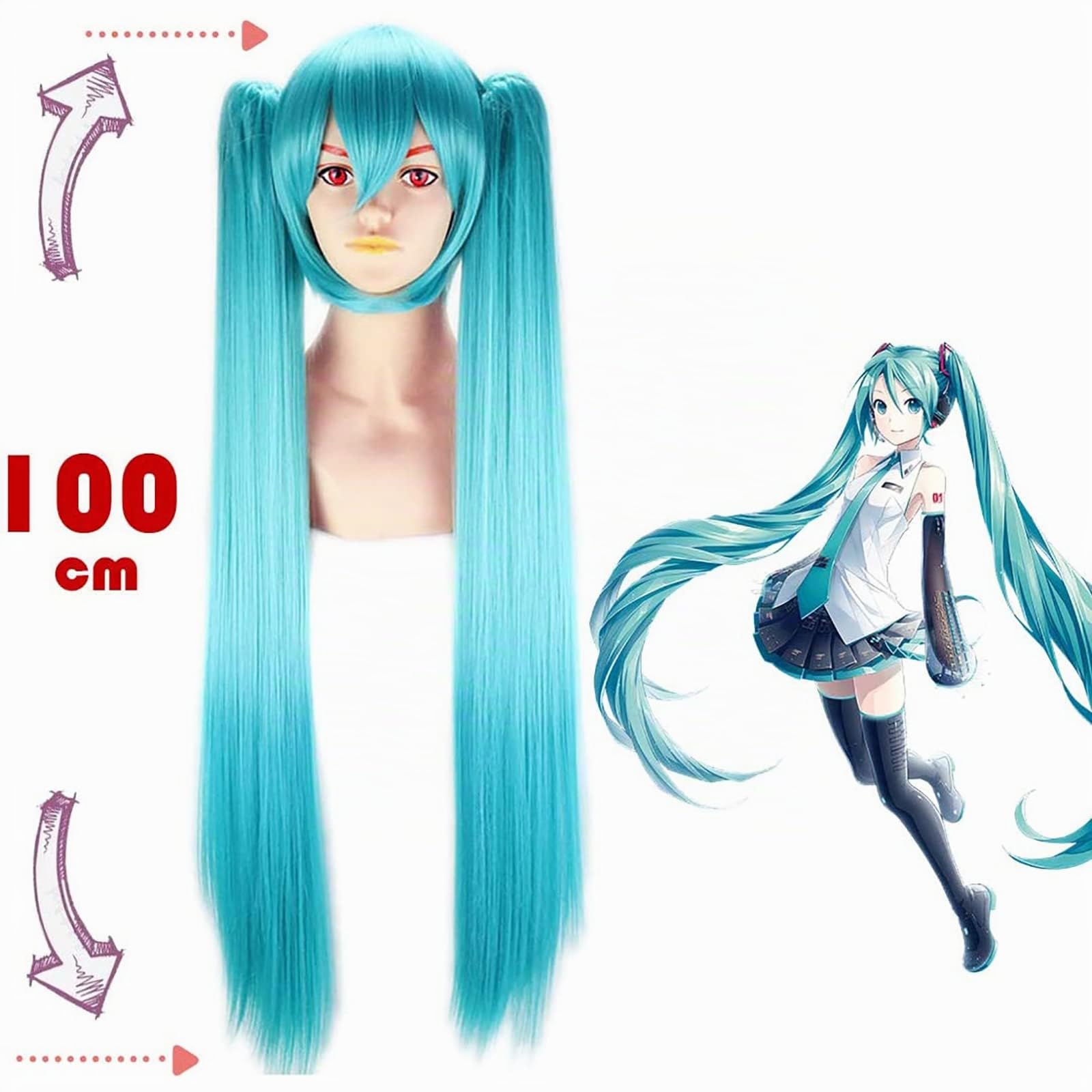 Parrucca doppia coda di cavallo Hatsune Miku parrucca per feste anime lunga e liscia per ragazza bella parrucca sintetica Hatsune Miku Cosplay blu lago 100 cm/39 pollici