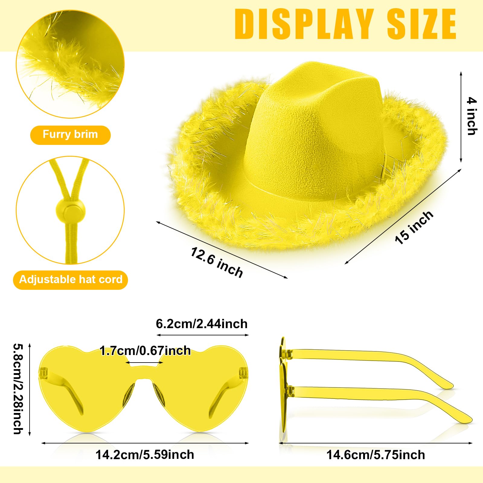 Zhanmai Cowgirl Hat with Feather Boa and Heart Sunglasses Set for Girls Bachelorette Party, Costume Party(Yellow,12)