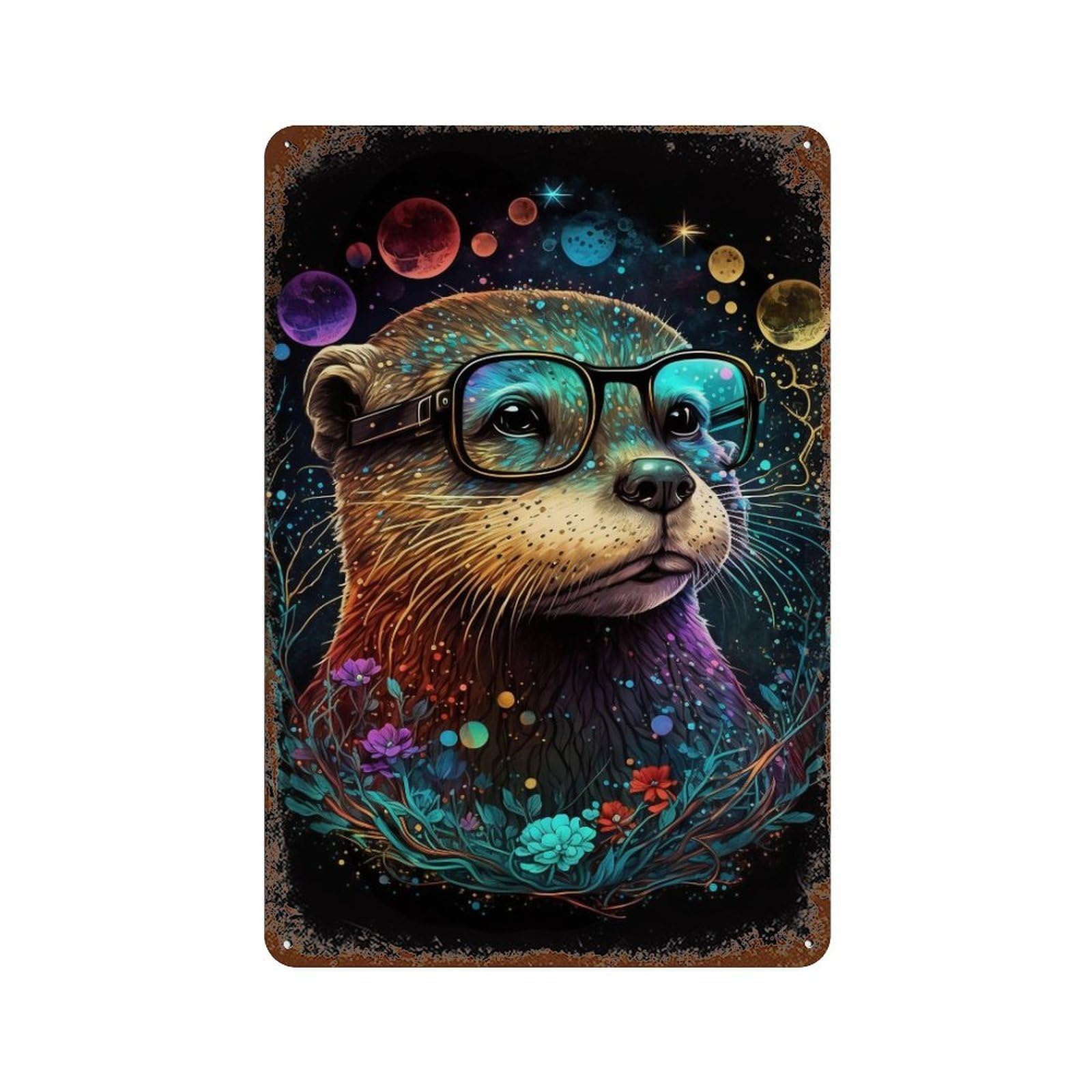 Weathered Tin Sign Otter Glasses Fantasy Artwork 11.8"x7.9", Novelty Wall Decor for Basement, Hobby Room And Garage Decor