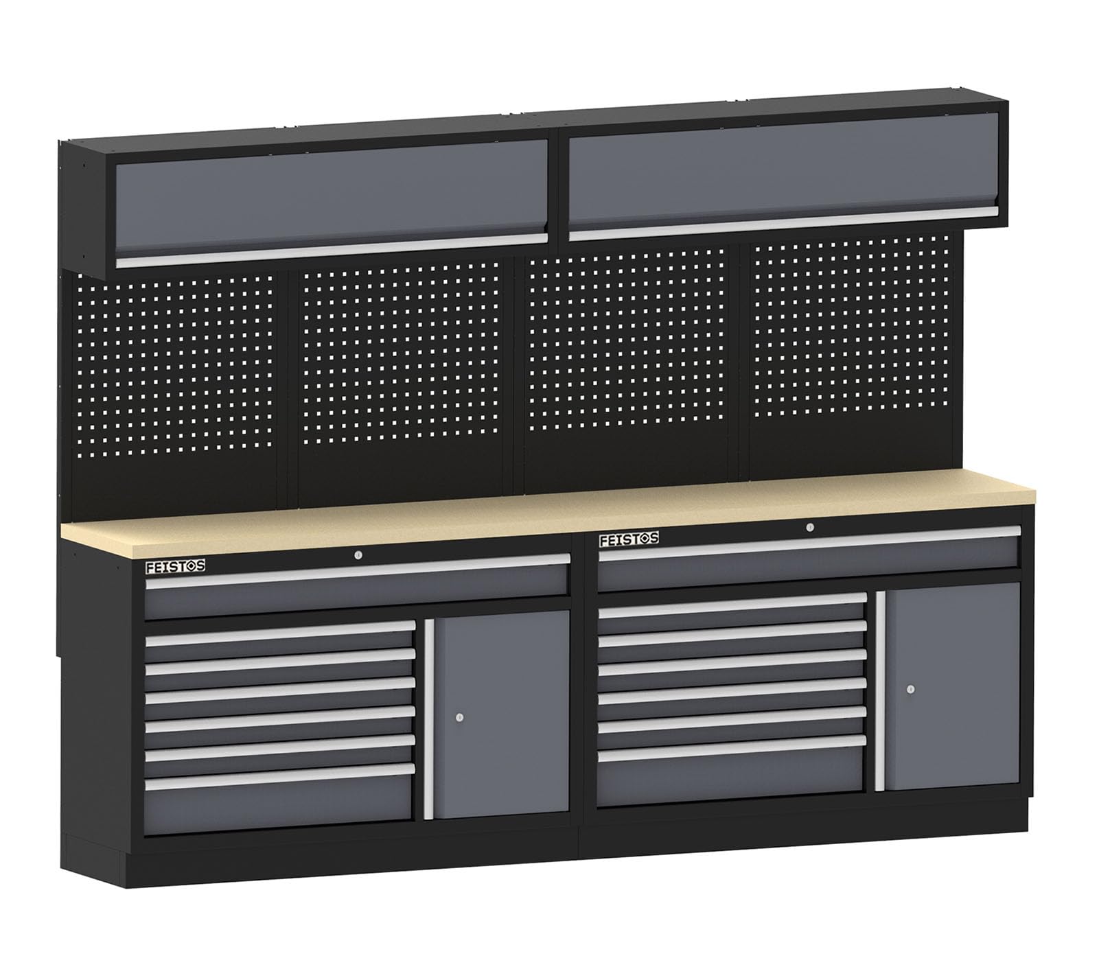 Apollo 23 Werkstatteinrichtung | XXL Werkzeugschrank mit Werkbank & Lochwand | pulverbeschichteter Stahl | 2 Arbeitsplatten | Modular erweiterbar | Schubladen & Hängeschränke