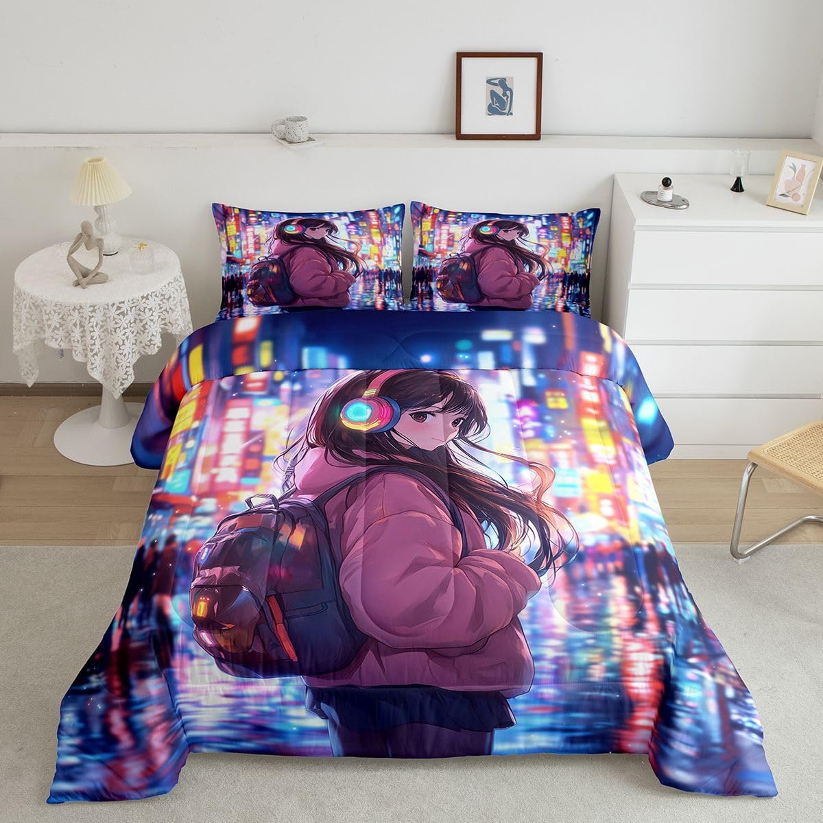 Erosebridal Cool Anime Girl Twin Down Comforter Japanese Style Kids Comforter Set 3D Cartoon Girly Anime Bedding Set Sci Fi Style Gaming Bed Set Room Decor 2 Pcs