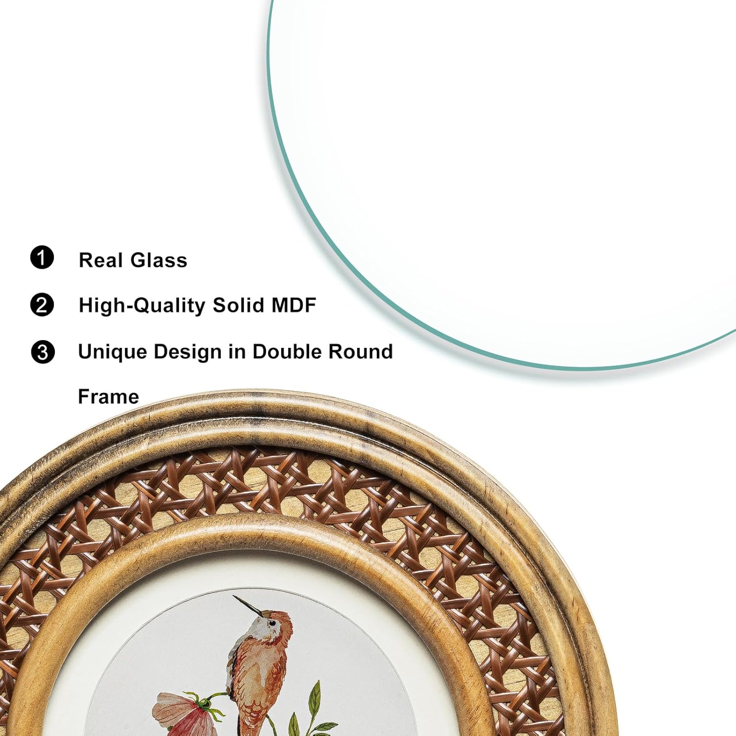 5x5 Dark Antique Natural Round Picture Frame with Rattan Trim, Pine Wood with Real Glass, Matted to 4x4, Display Photos Tabletop or Wall Hanging