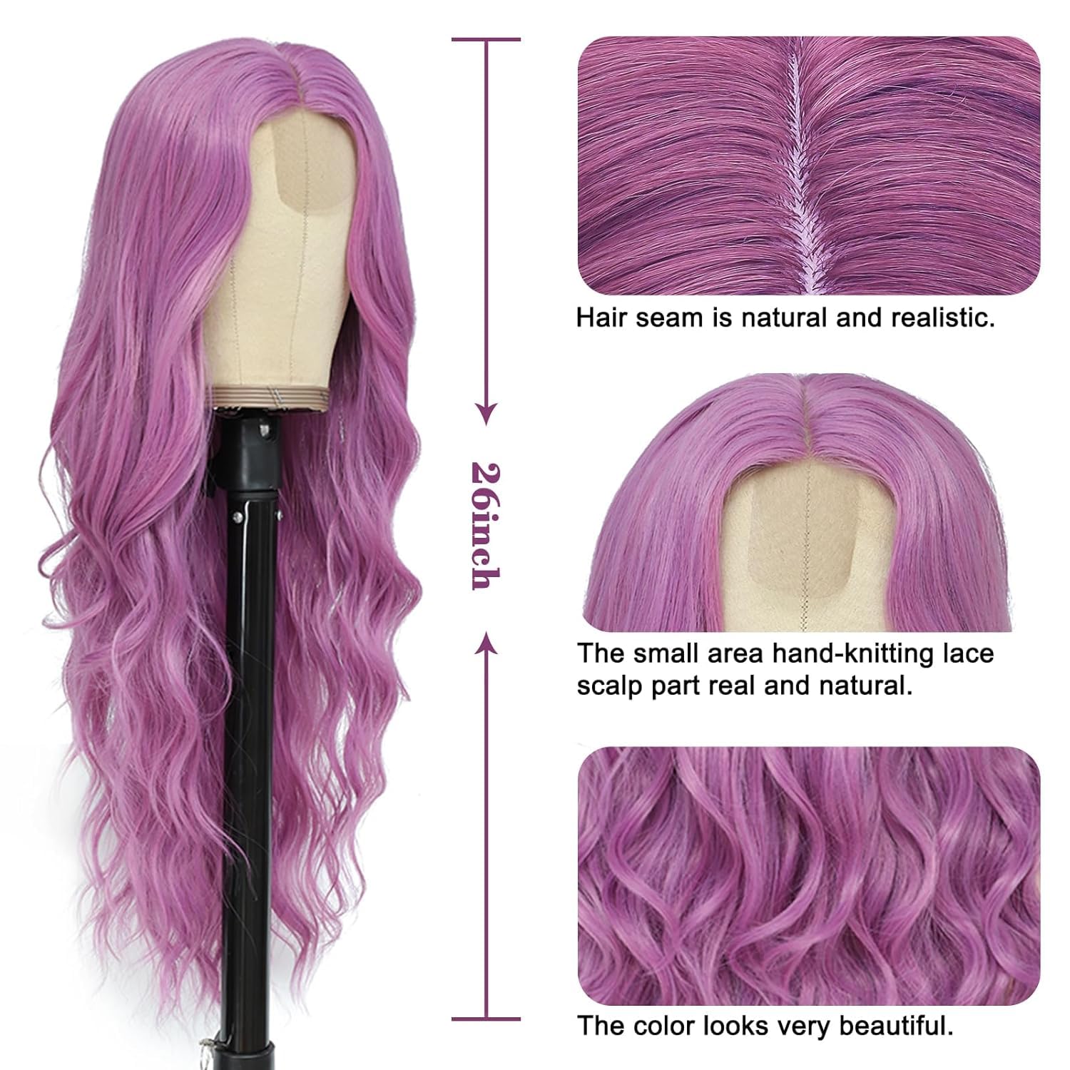 PORSMEER Long Purple Wavy Wig for Women 26 Inch Lace Middle Part Curly Wavy Wig Natural Looking Synthetic Heat Resistant Fiber Wig for Daily Party Use - Image 3