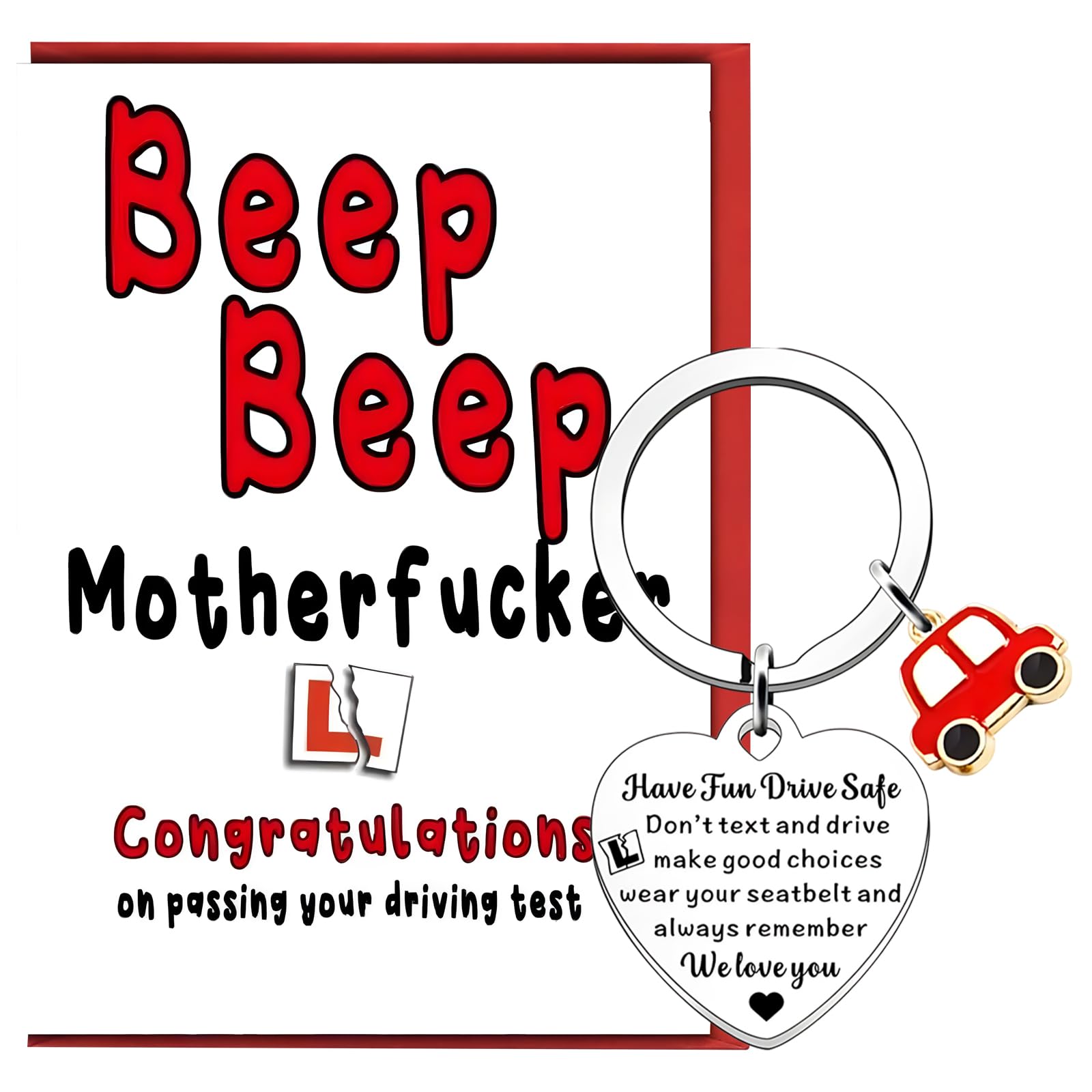 Azoisuwr 2 Pcs Just Passed Driving Test Gifts, Congratulations On Passing Your Driving Test Keyring, Greeting Card with Red Envelope