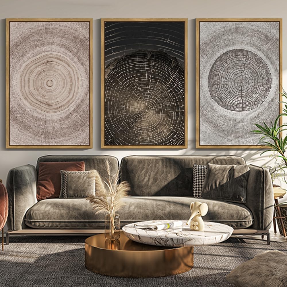 phopago vintage wood tree rings wall art 24x36in farmhouse rustic framed canvas paintings living room bedroom decor nature artwork natural framed tree grain ring 24" x 36" x 3 pcs natural