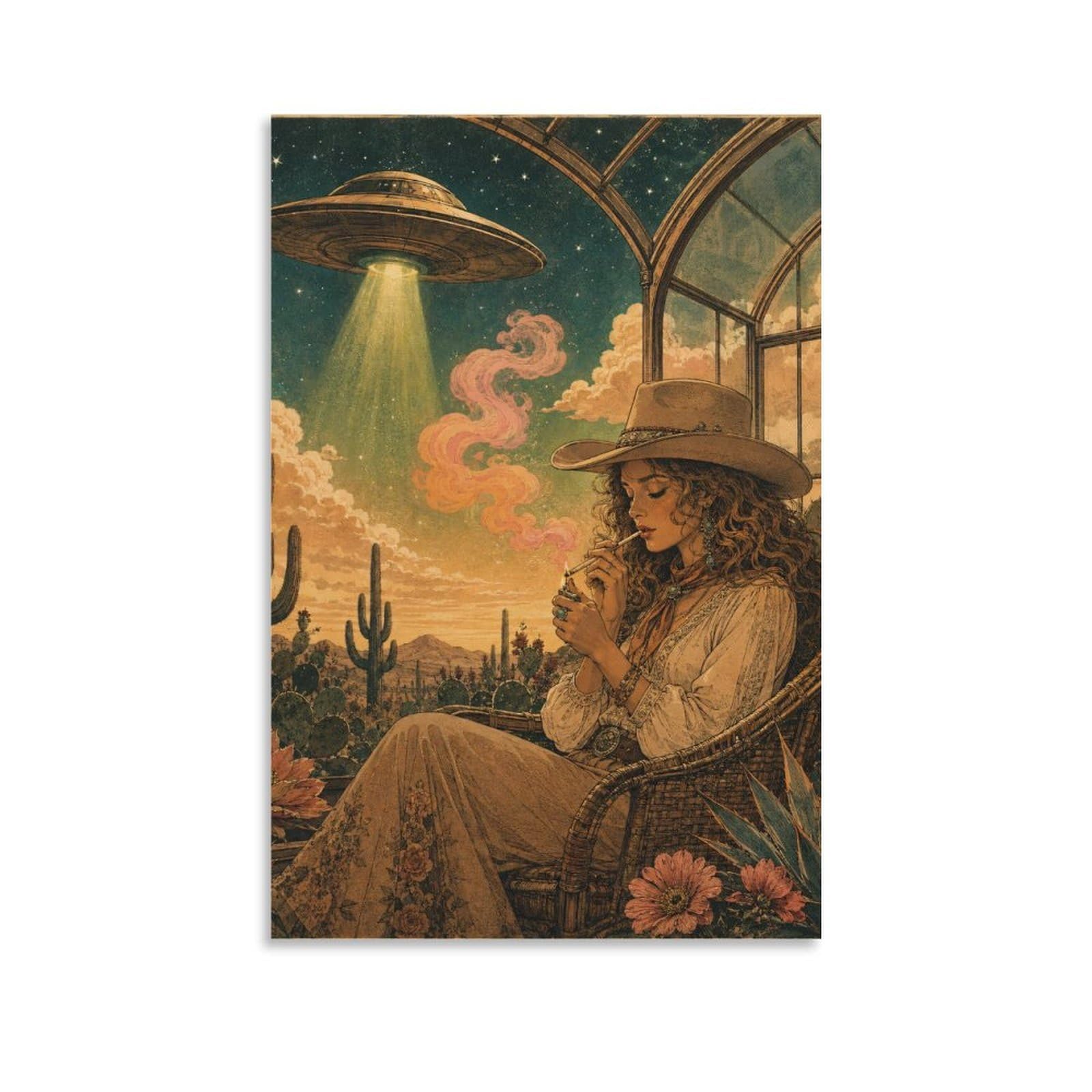 W7C8U2X3 UFO Cowgirl Cactus Garden Canvas Wall Art, Western Cowgirl