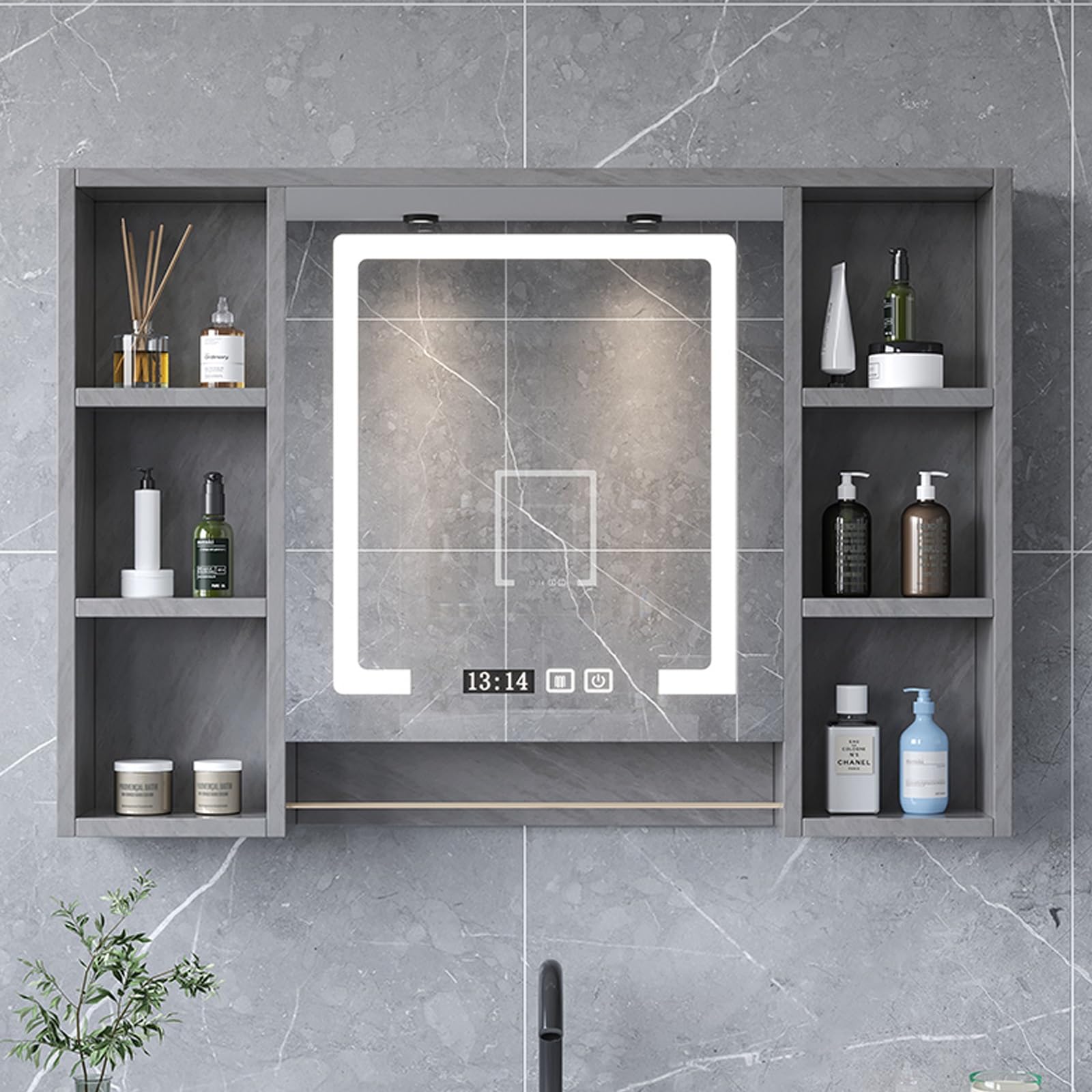 Armario de baÃo con espejo y luz de madera,armario espejo baño con Espejo Antivaho,armario baÃo pared estrecho visualización de la hora,LED luz bicolor espejo con almacenaje de maquillaje,Con toallero