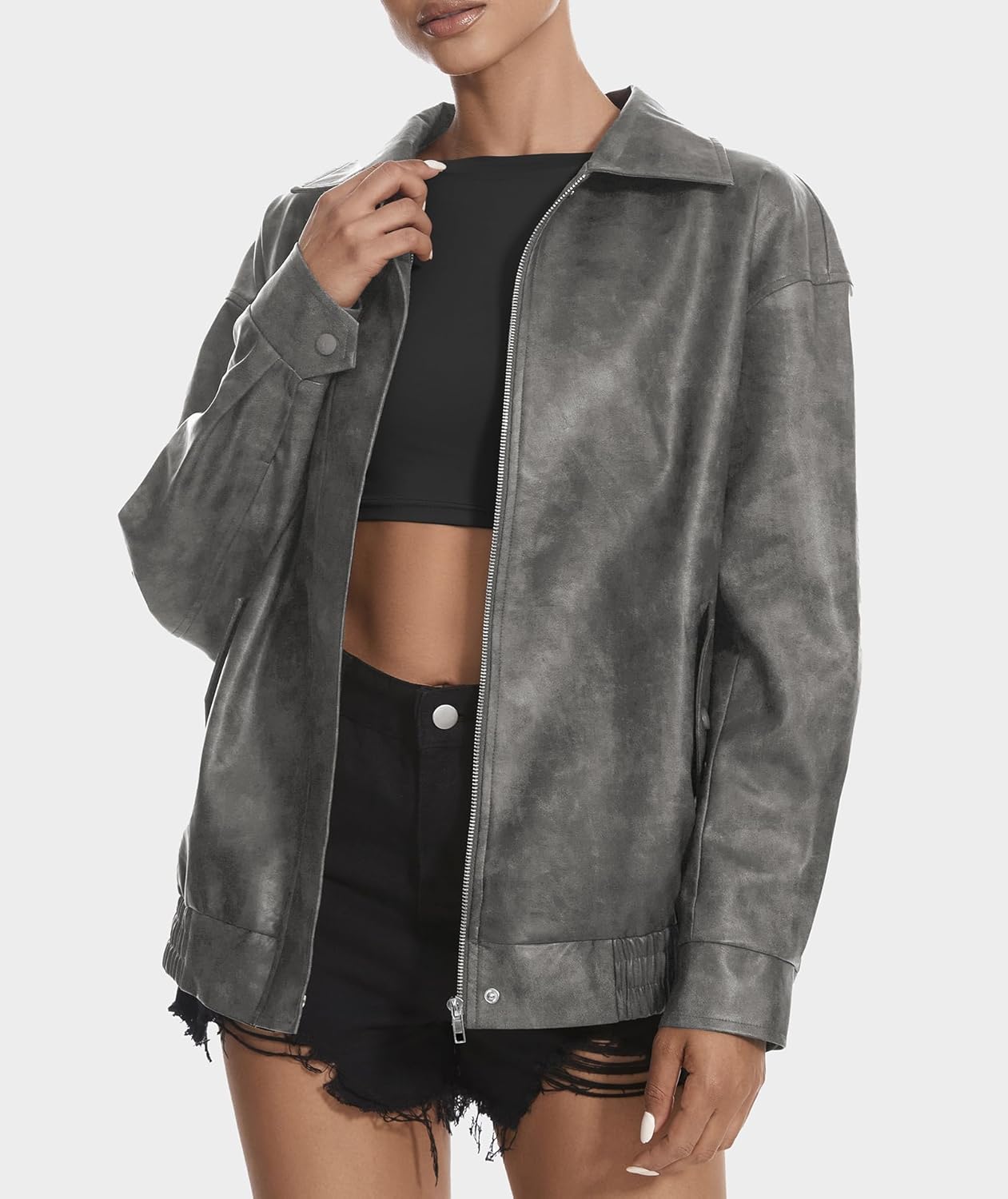 Casly Lamiit Women's Faux Leather Jacket Oversized Motorcycle Zipper Bomber Coats Fashion Casual Travel Outfits - Image 2