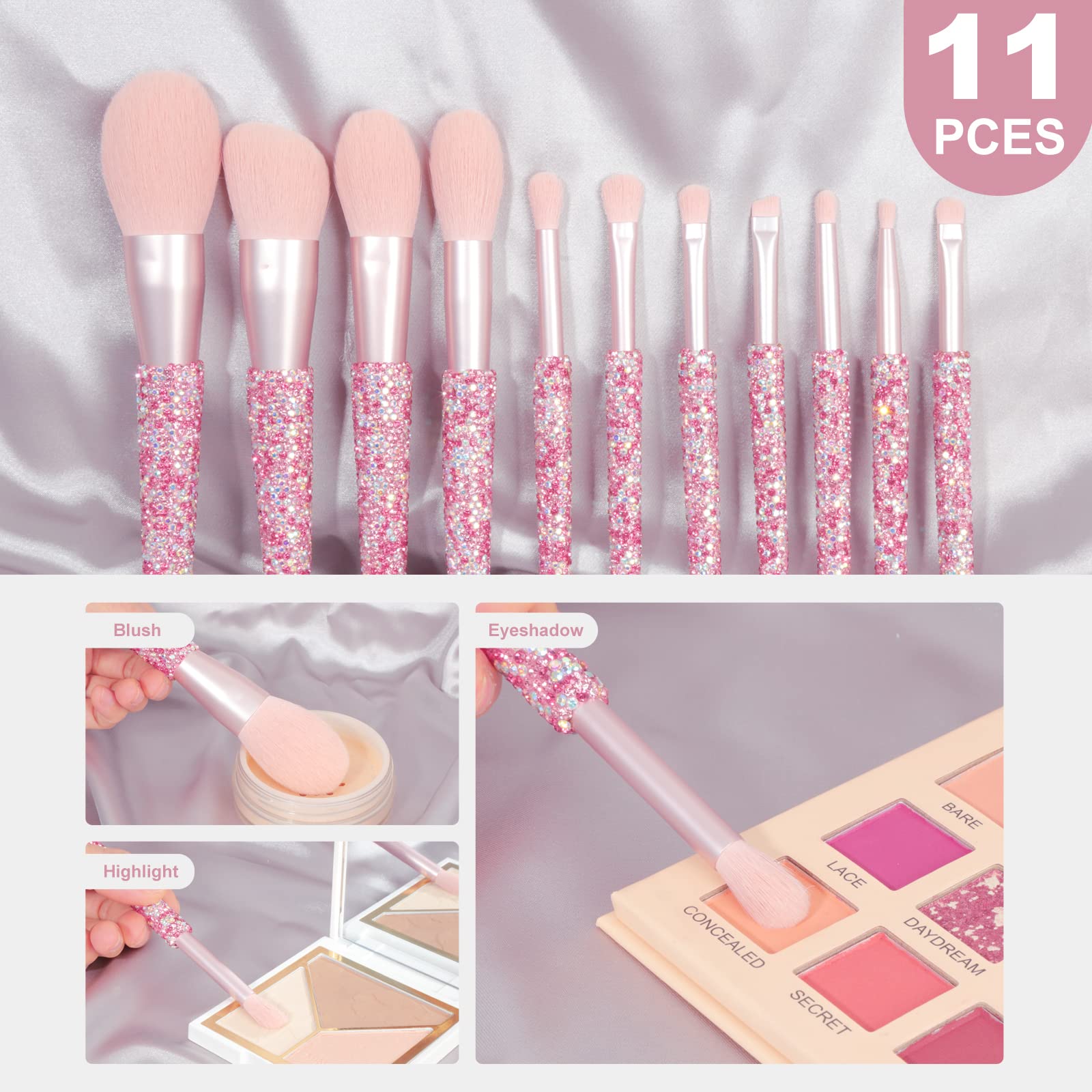 Set di 11 pennelli da trucco professionali, con strass, per miscelare fondotinta liquido, cipria, correttore, ombretti, strumenti di bellezza glitterati (rosa AB)