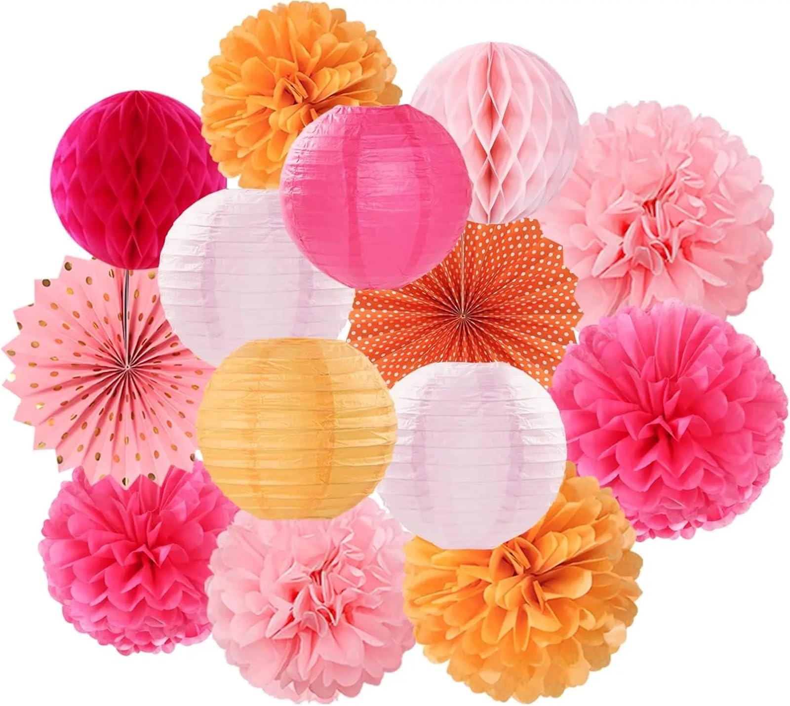 14Pcs Lantern Tissue Pom Poms Honeycomb for Wedding Bridal Shower Birthday Party Decoration for Wedding Party(Pink Orange)