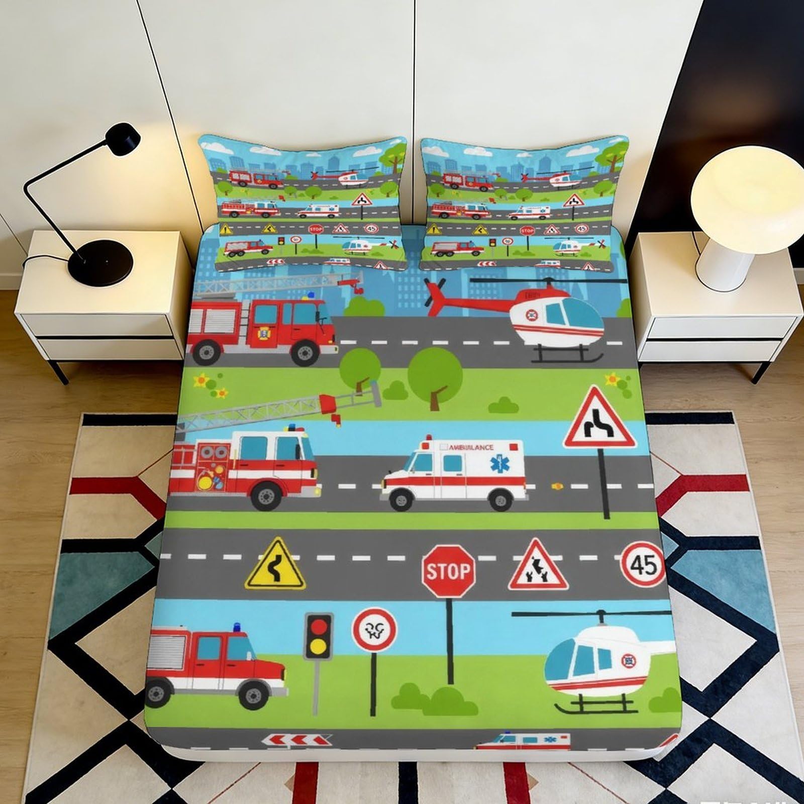 3D Printed Emergency Vehicles Fitted Sheet Microfiber Soft Durable Ambulance Fire Truck Bed Cover for Bedroom Dormitory Guest Room Mattress Protection 160x200x25cm