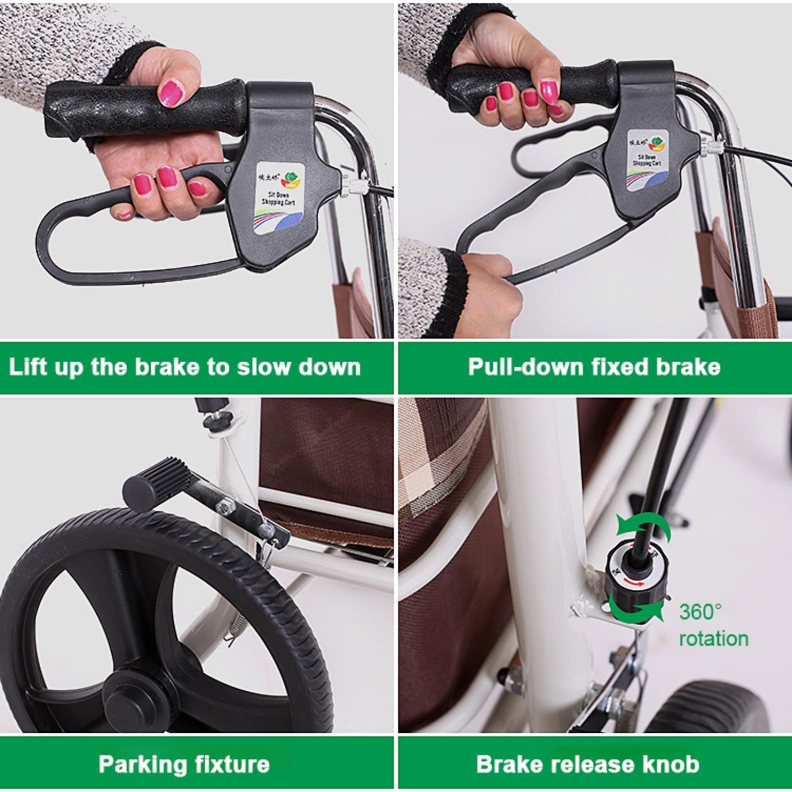 Andador De 4 Ruedas para Ancianos con Freno De Mano Carro De Compras Plegable Carro De Compras Plegable Portátil Andador Plegable para Ancianos