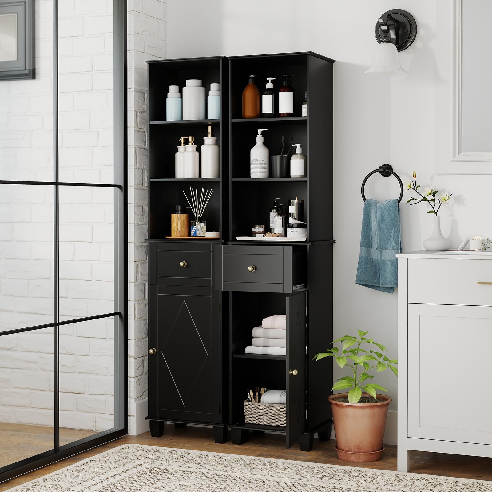 LIFEZEAL Mueble de Baño para Ahorrar Espacio, Columna Alta y Estrecha con 1 Cajón, 3 Estantes Abiertos, 1 Puerta y Patas de Madera Maciza, Armario Aparador para Cocina, Baño y Salón (Negro)