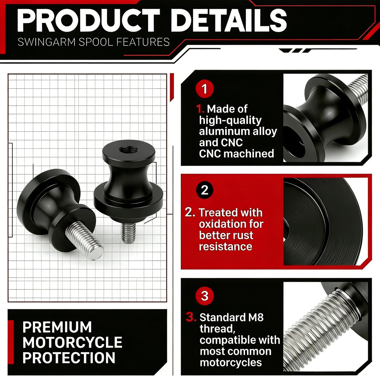 Jetstream 2 piezas M8 soporte soporte Bobbins, soporte de montaje, accesorios para rueda de mortor, adecuado para la mayoría de agujeros de brazo oscilante de 8 mm, negro