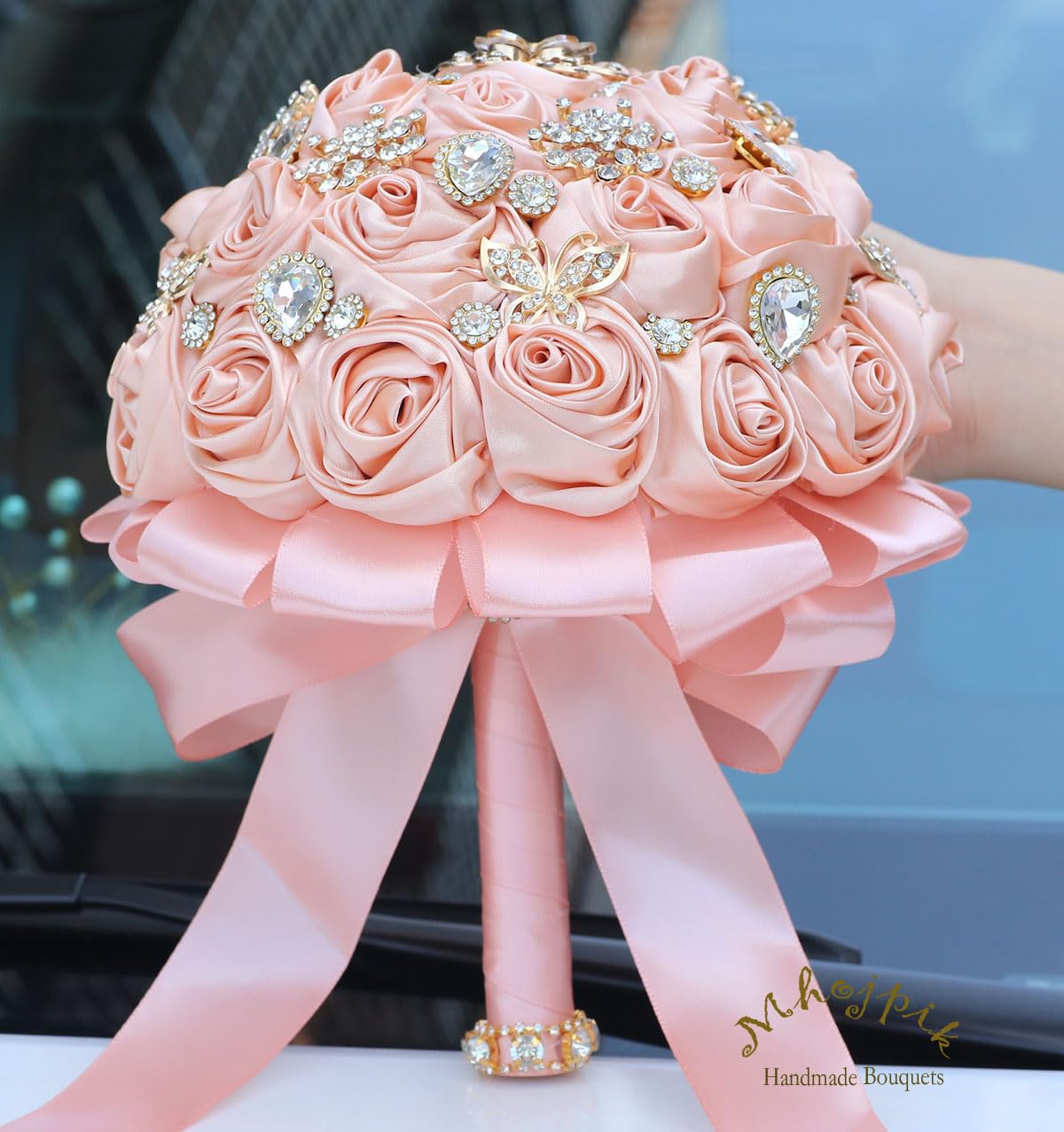 19 cm rosa pesca bouquet da sposa rotondo Bling spilla bouquet lancio artificiale mazzo di fiori per sposa damigella d'onore matrimonio Quinceanera