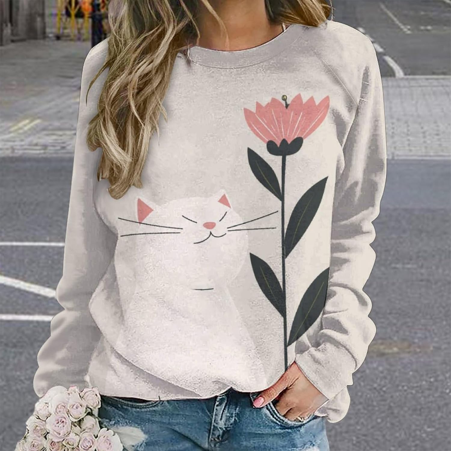 Long Sleeve Shirts for Women Cat Printed Fall Winter Dressy Holiday Casual Fashion Crewneck Tunic Tee Shirts - Image 2