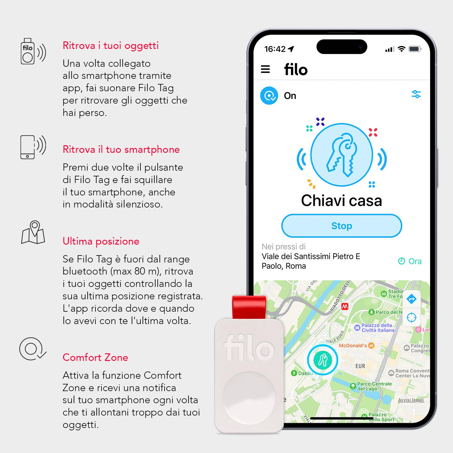 Filo Tag - Localizzatore Bluetooth - Trova Oggetti Compatibile con iOS e Android - 1Bianco+1Nero